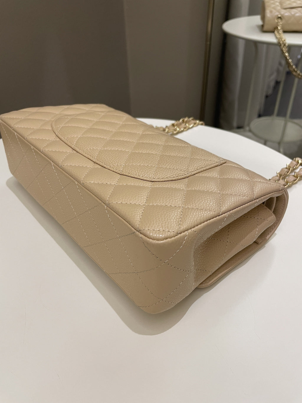 Chanel Classic Quilted Medium Double Flap Beige Claire Caviar