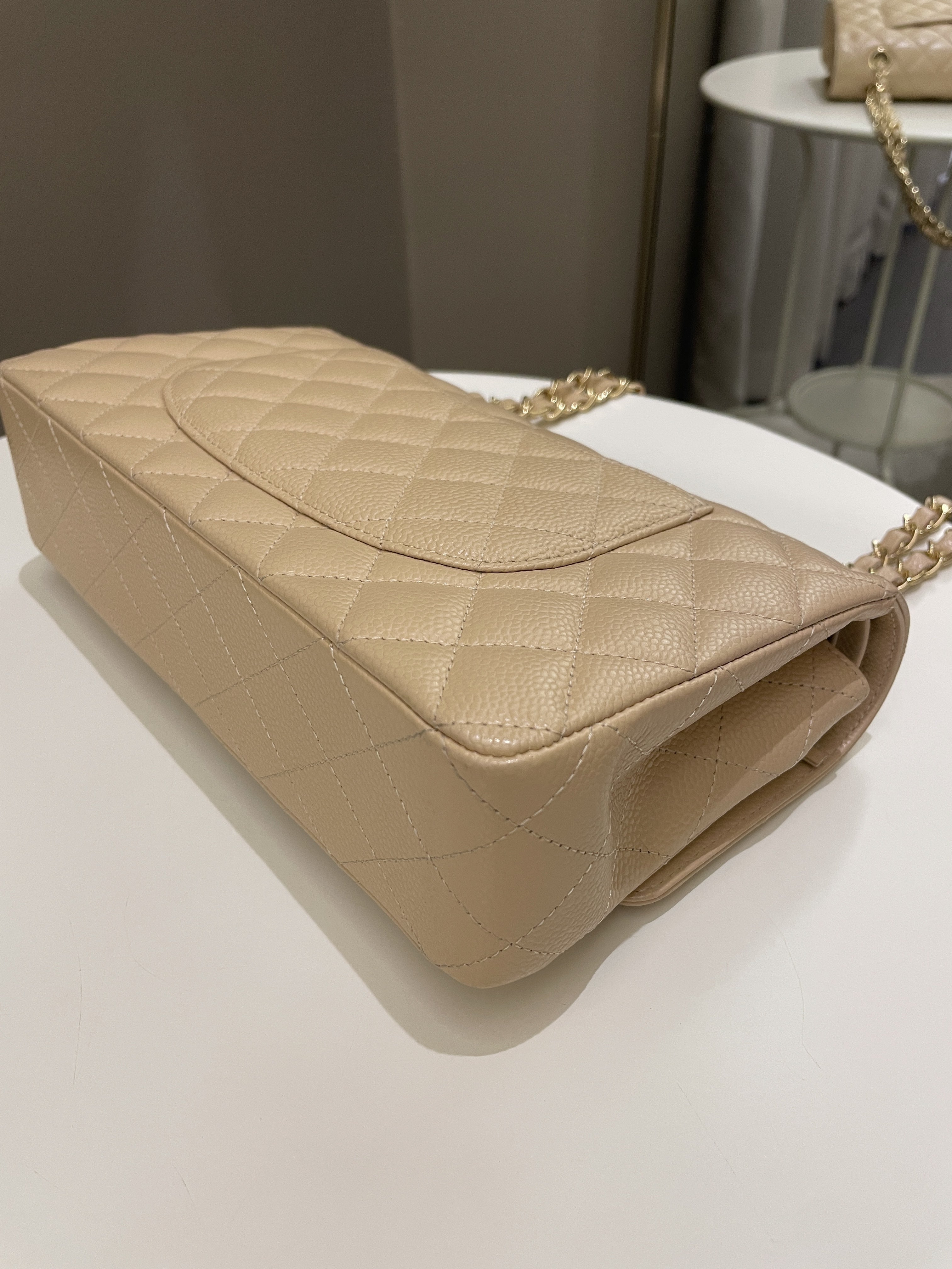 Chanel Classic Quilted Medium Double Flap Beige Claire Caviar