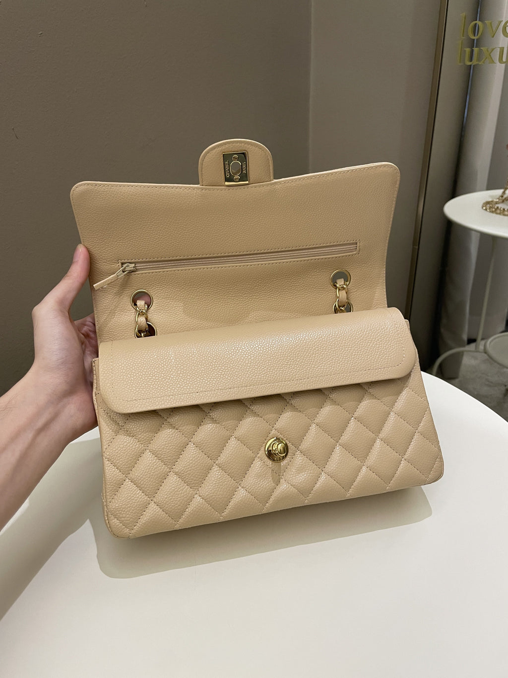 Chanel Classic Quilted Medium Double Flap Beige Claire Caviar