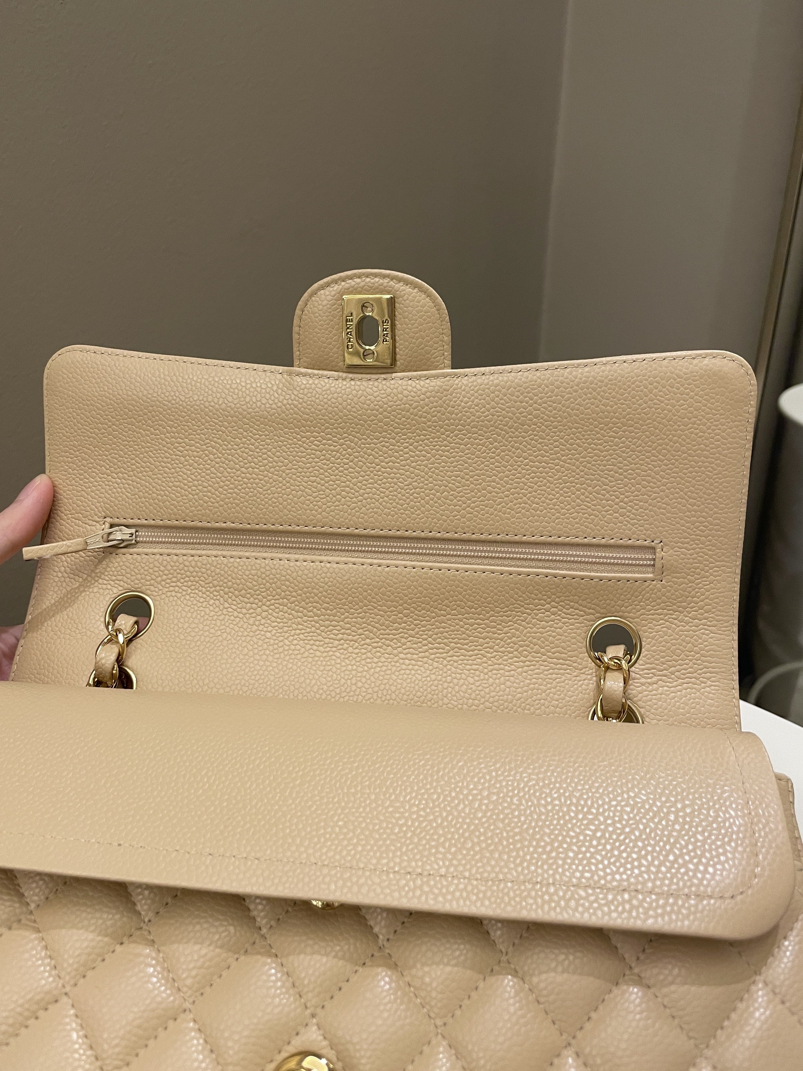 Chanel Classic Quilted Medium Double Flap Beige Claire Caviar