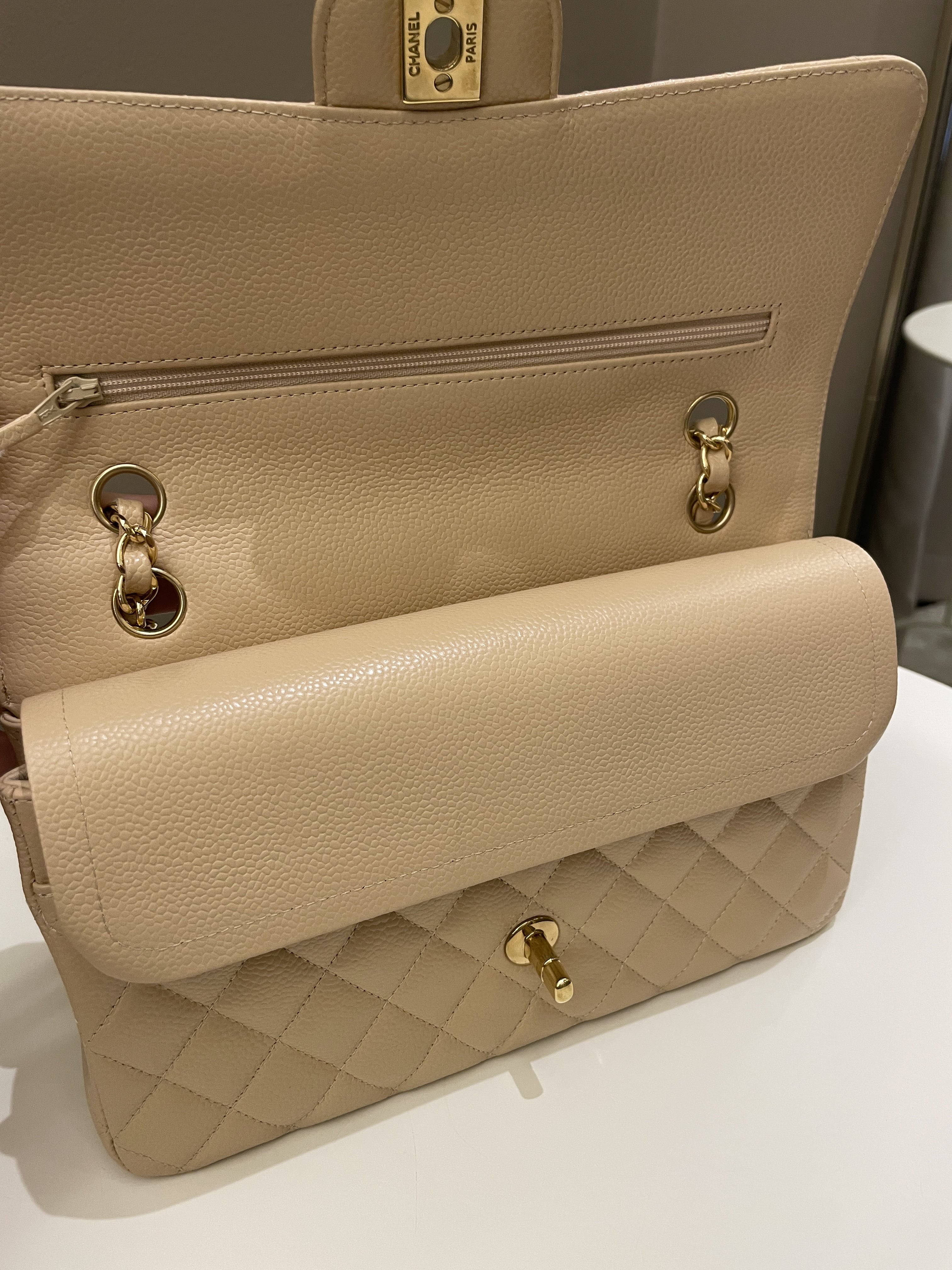Chanel Classic Quilted Medium Double Flap Beige Claire Caviar