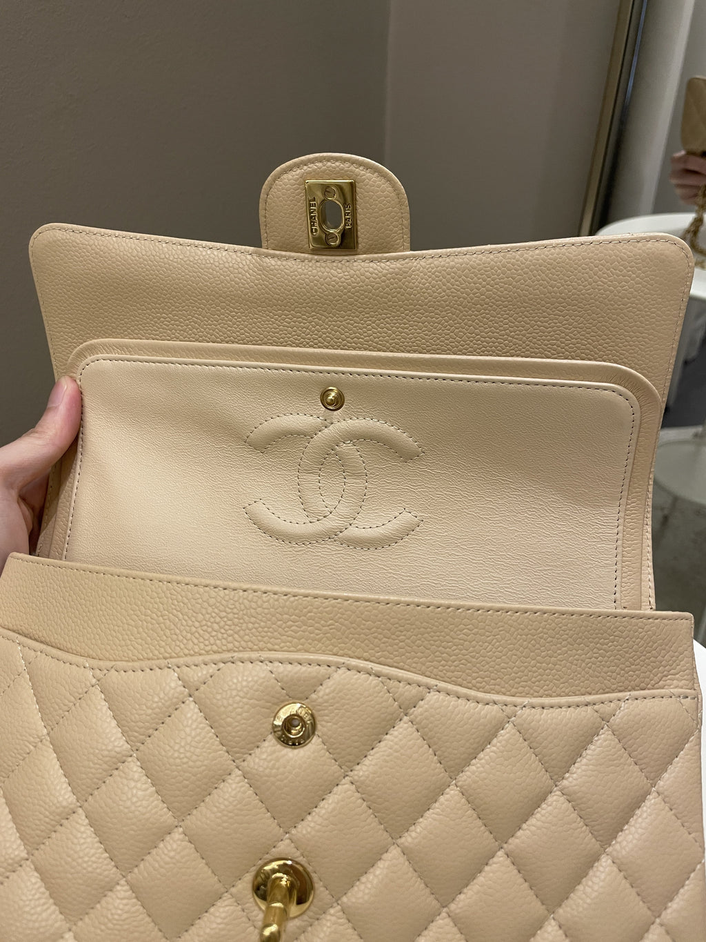 Chanel Classic Quilted Medium Double Flap Beige Claire Caviar