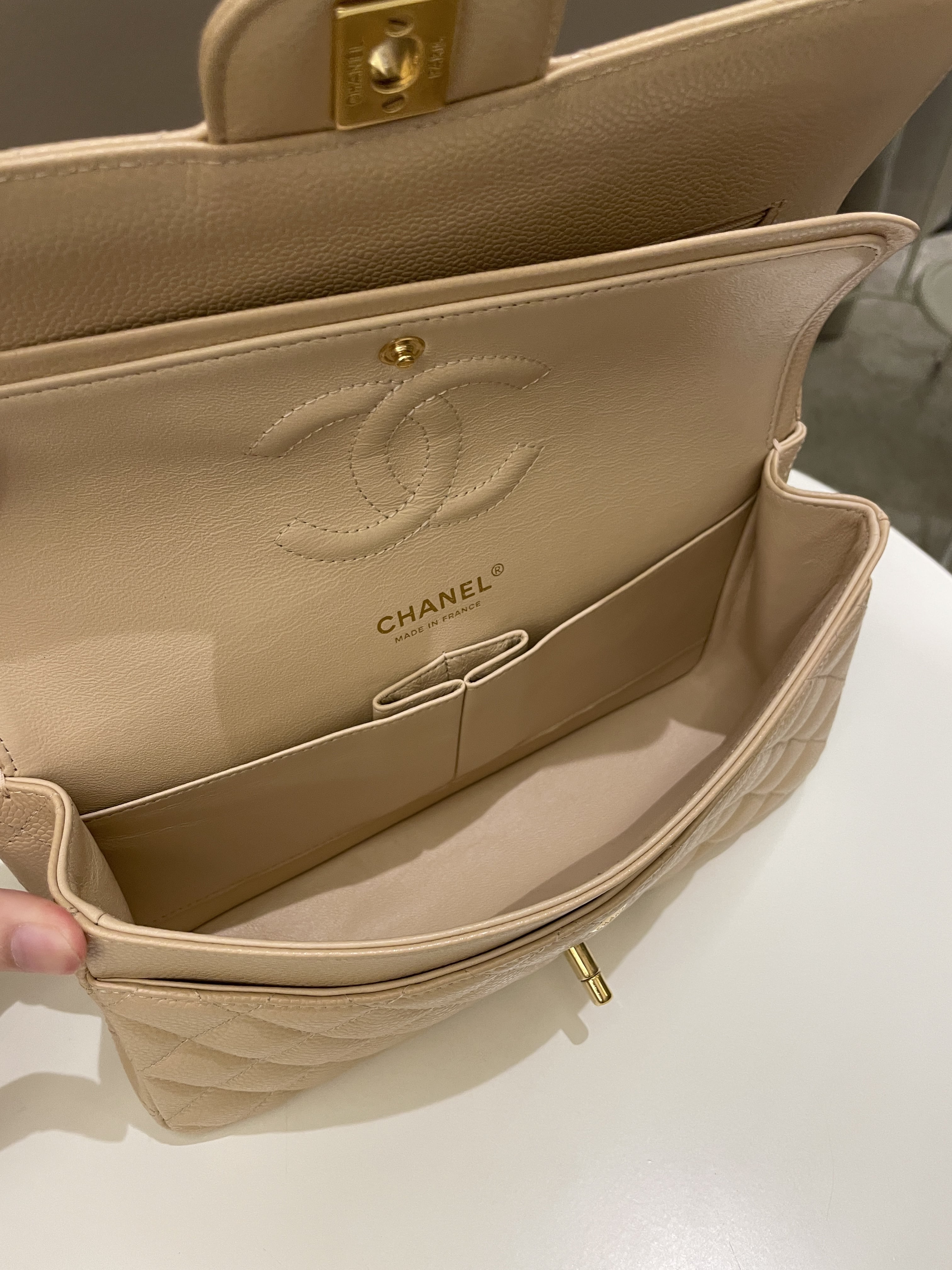 Chanel Classic Quilted Medium Double Flap Beige Claire Caviar