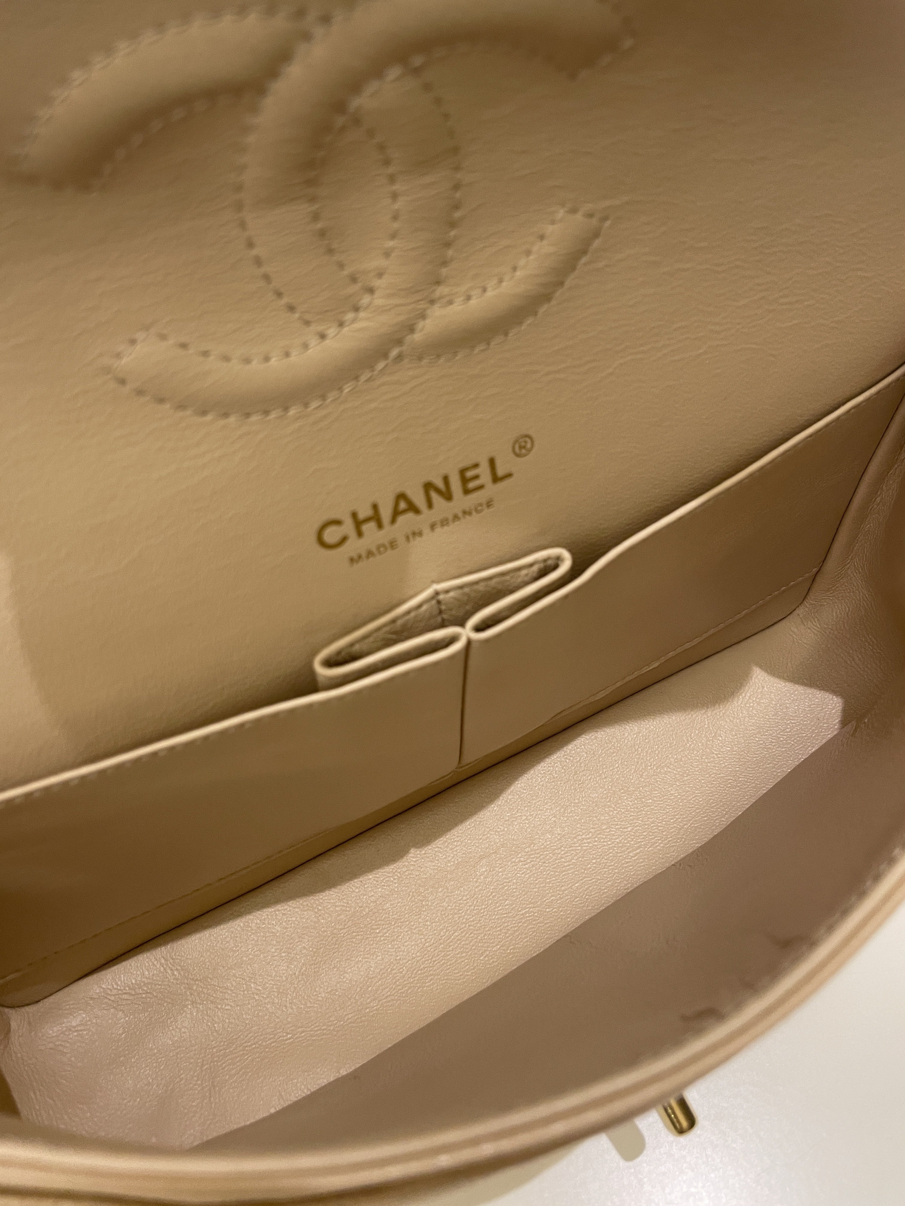 Chanel Classic Quilted Medium Double Flap Beige Claire Caviar