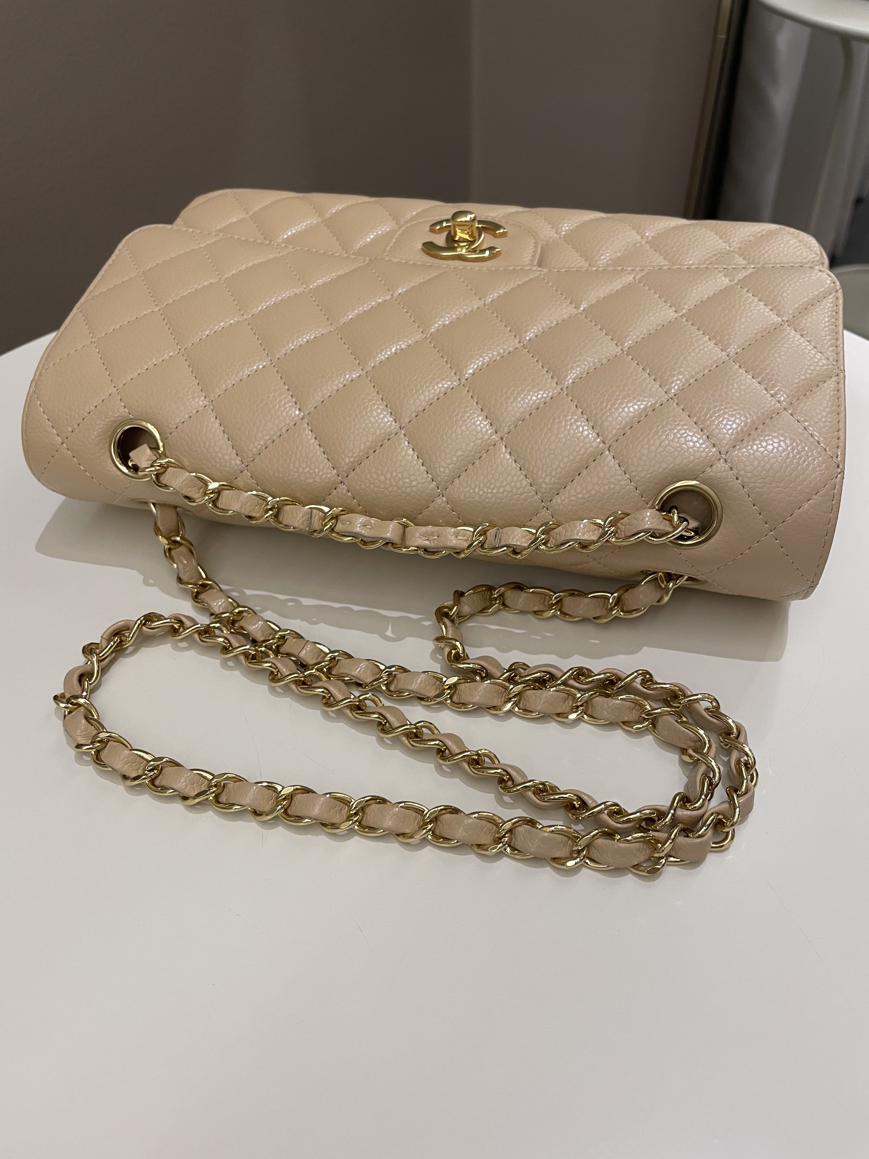 Chanel Classic Quilted Medium Double Flap Beige Claire Caviar