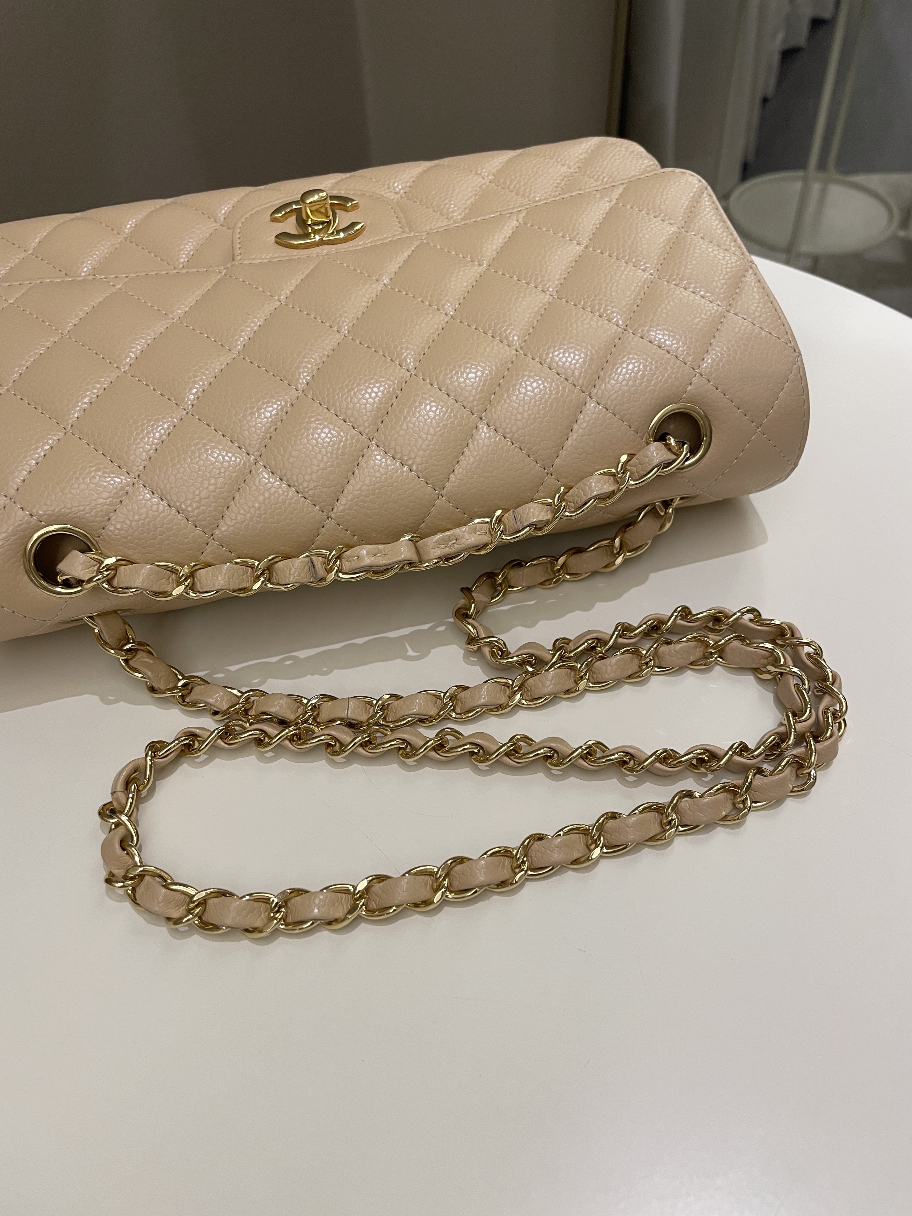 Chanel Classic Quilted Medium Double Flap Beige Claire Caviar