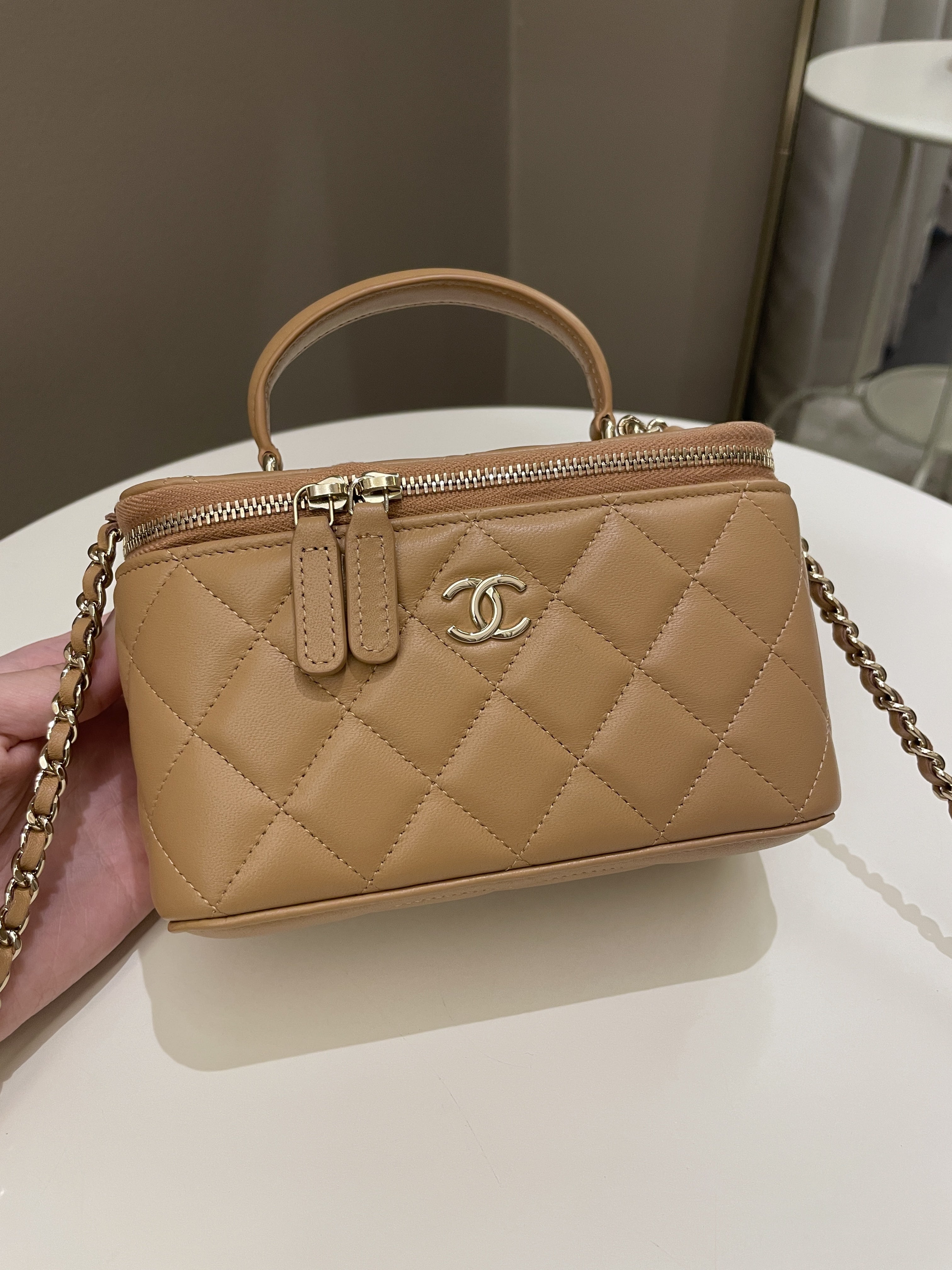 Chanel Top Handle Vanity Rectangular Dark Beige Lambskin
