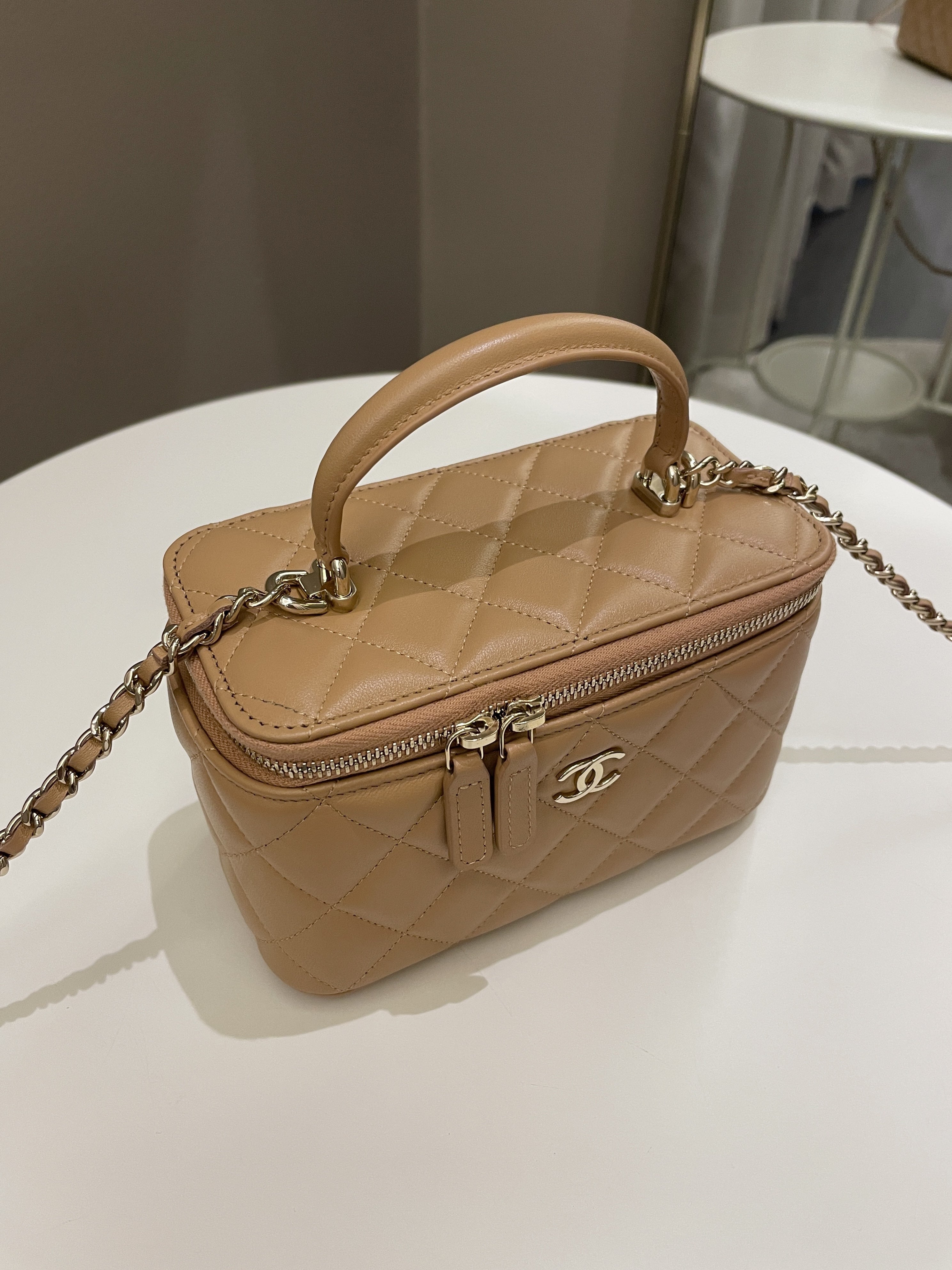 Chanel Top Handle Vanity Rectangular Dark Beige Lambskin