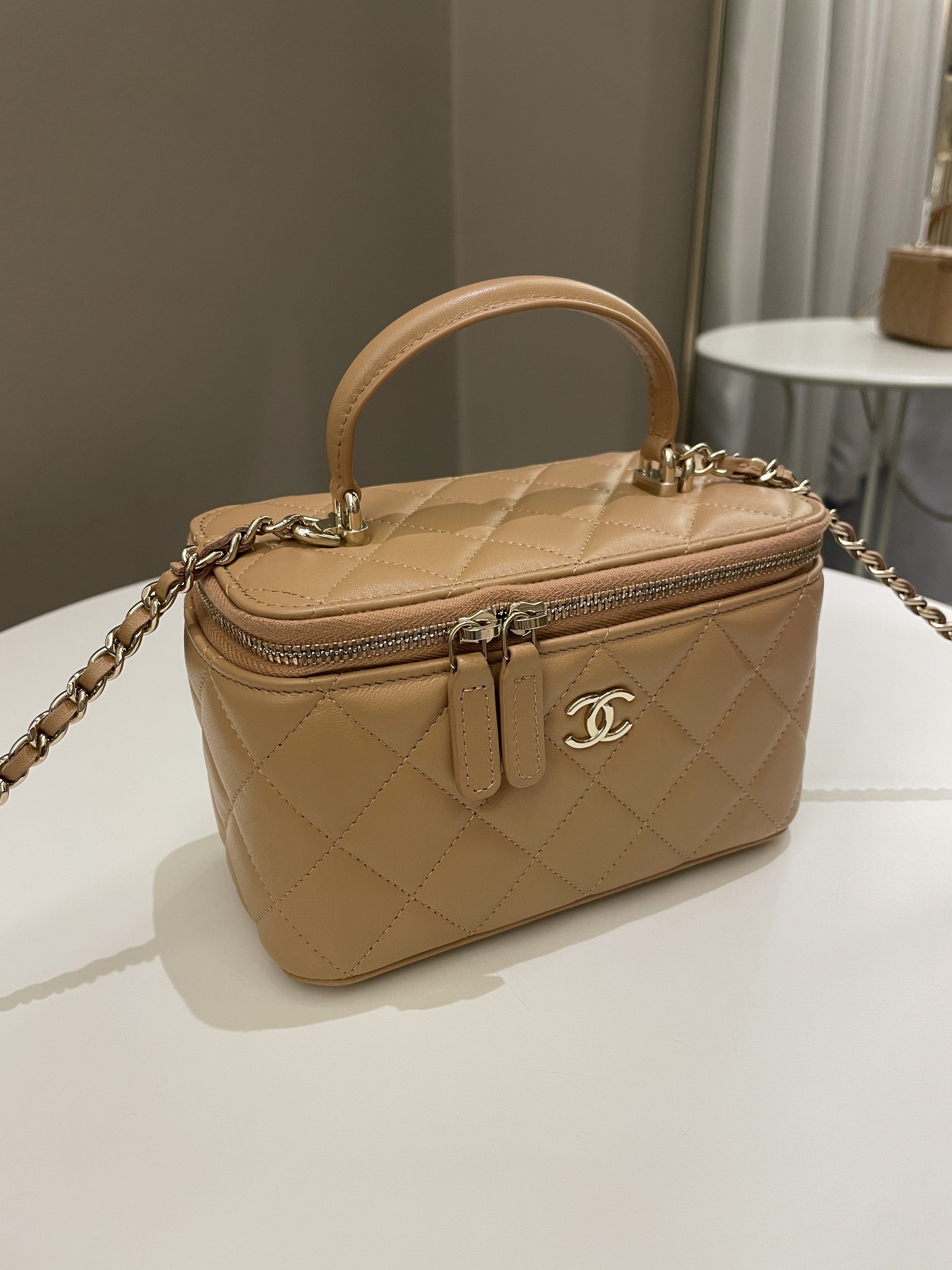 Chanel Top Handle Vanity Rectangular Dark Beige Lambskin