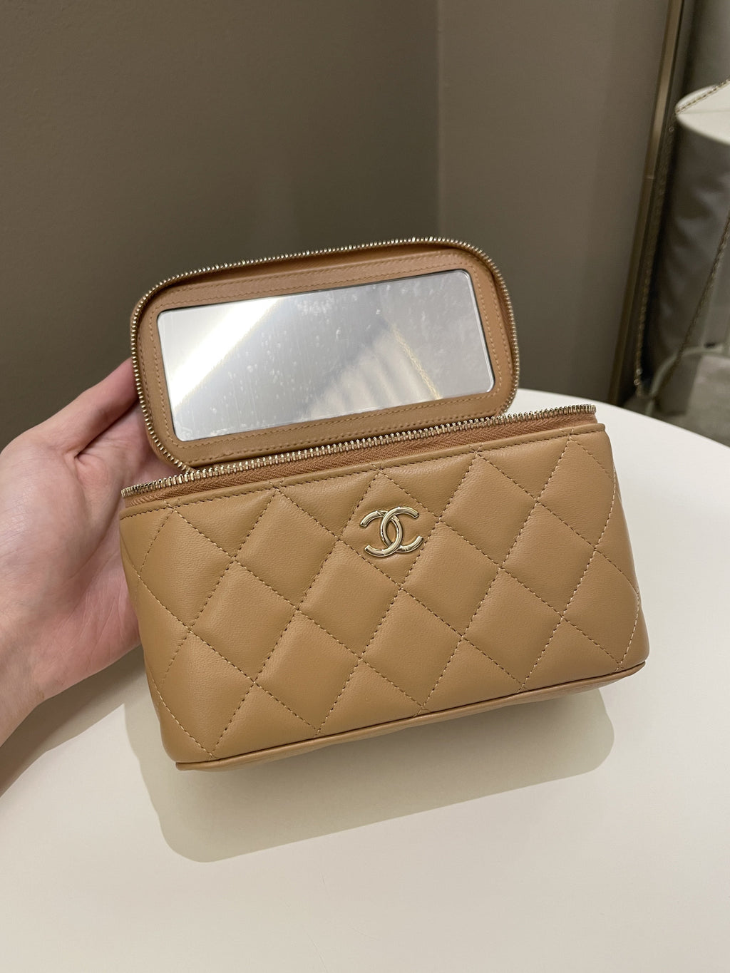 Chanel Top Handle Vanity Rectangular Dark Beige Lambskin