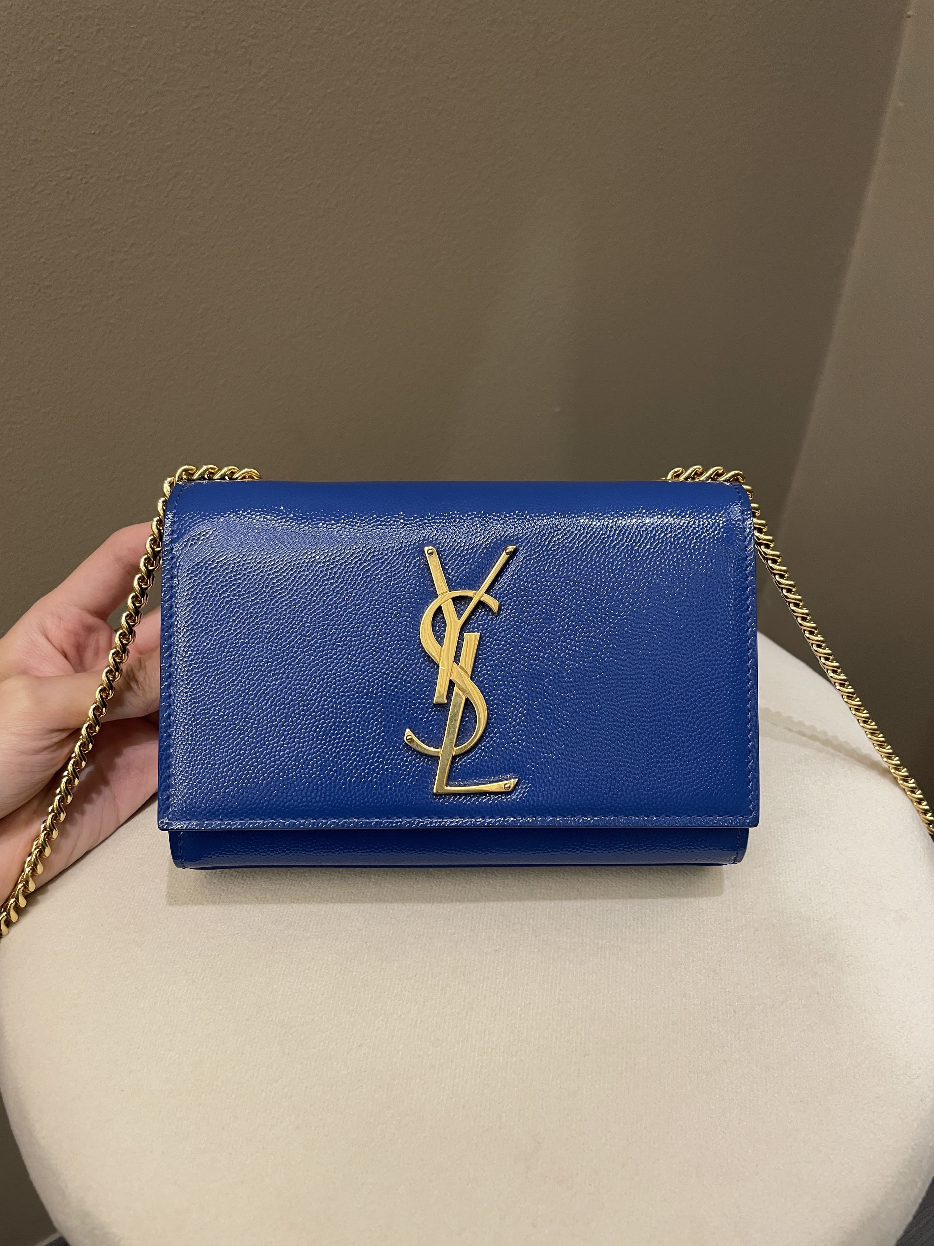 Saint Laurent Kate Mini Chain Flap Bag Blue Grained Caviar