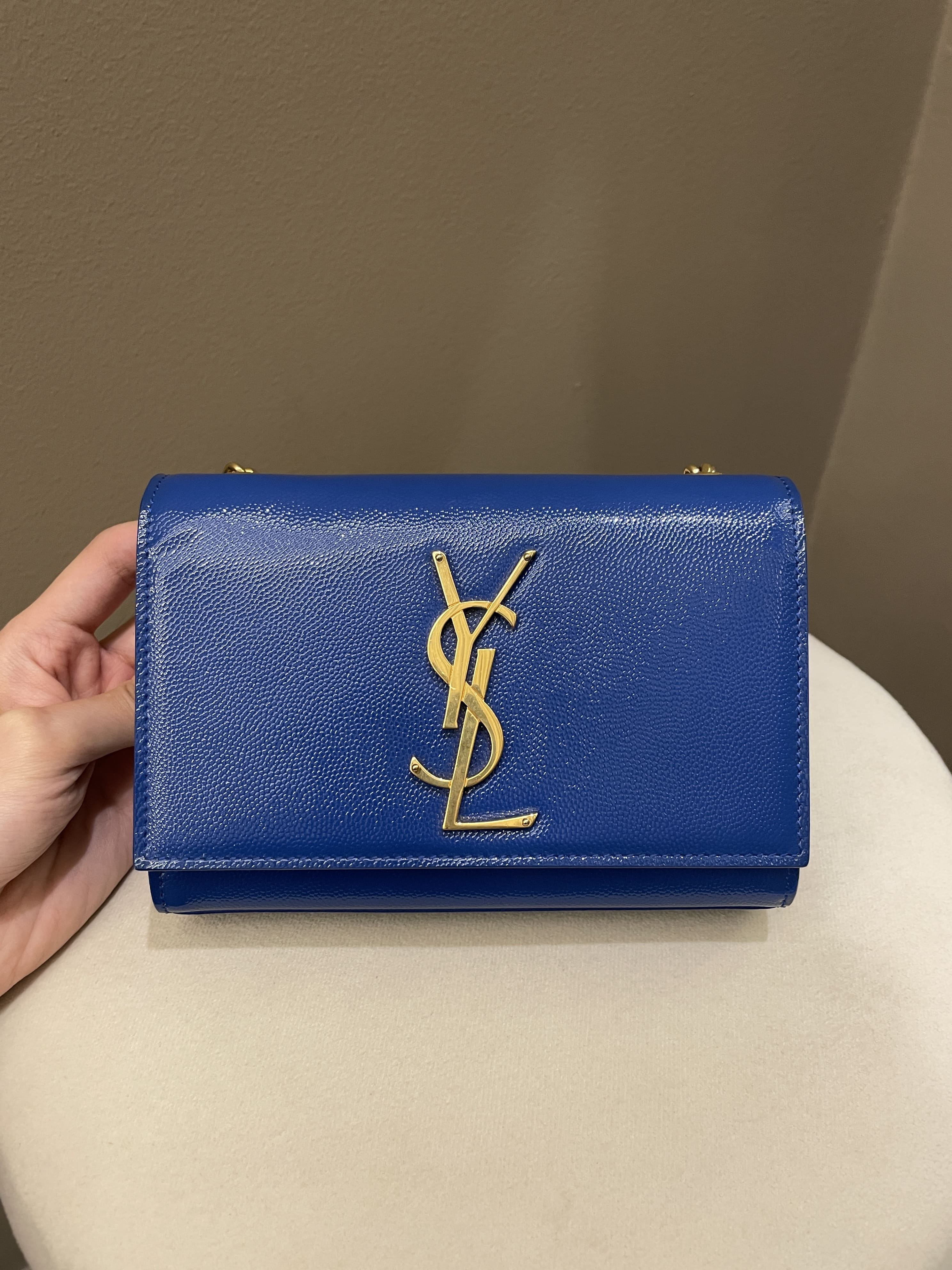 Saint Laurent Kate Mini Chain Flap Bag Blue Grained Caviar