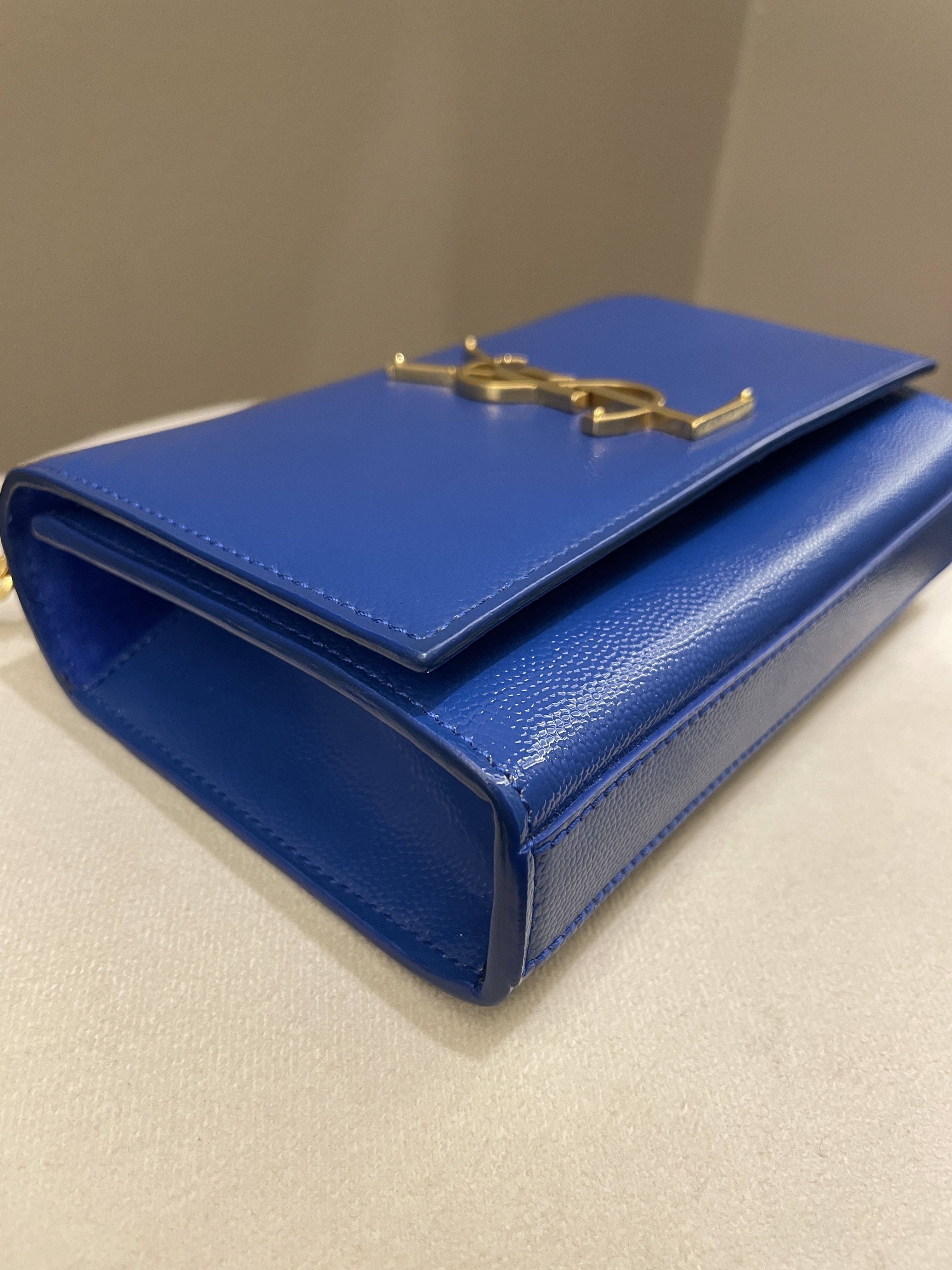 Saint Laurent Kate Mini Chain Flap Bag Blue Grained Caviar
