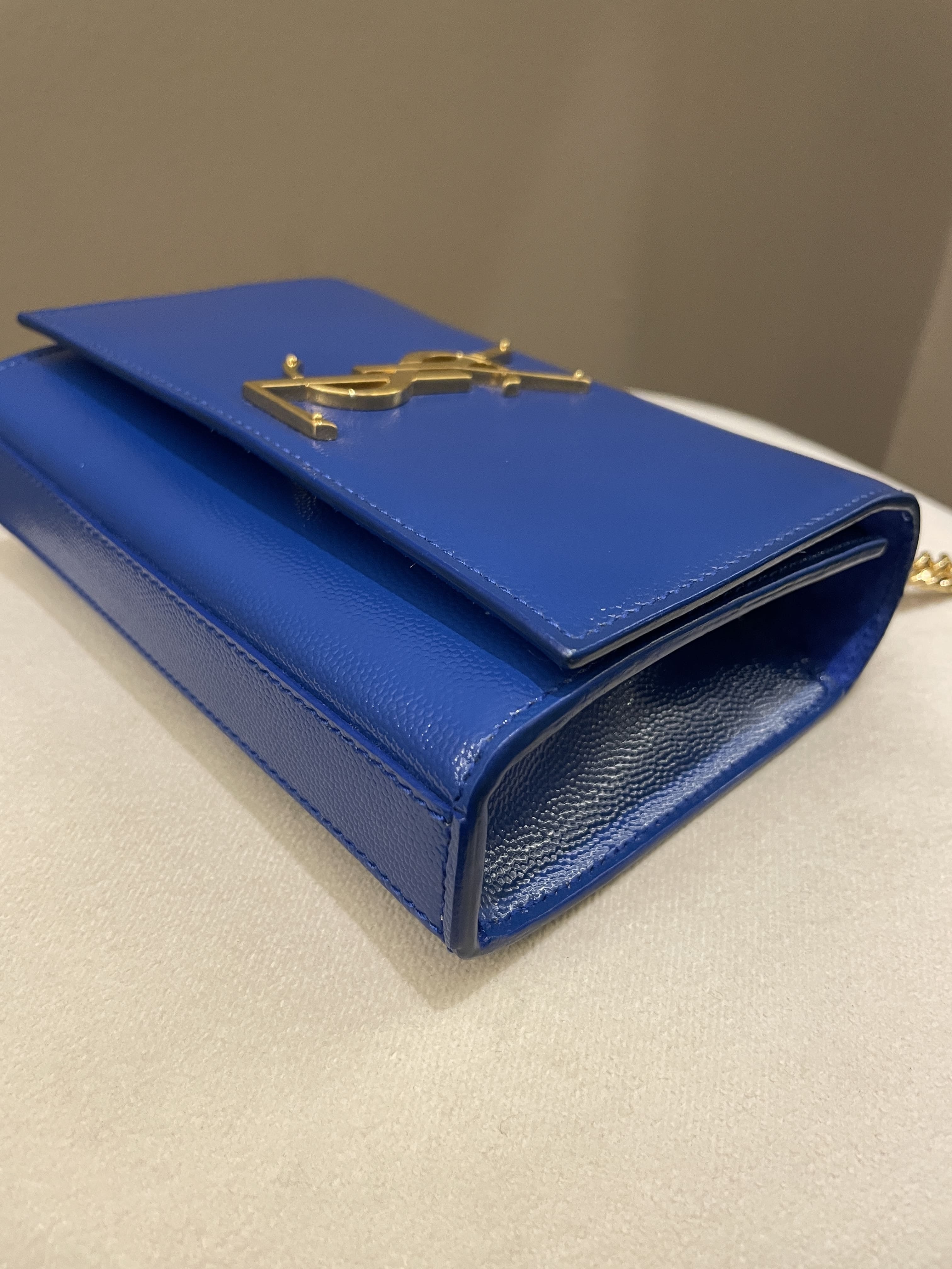 Saint Laurent Kate Mini Chain Flap Bag Blue Grained Caviar