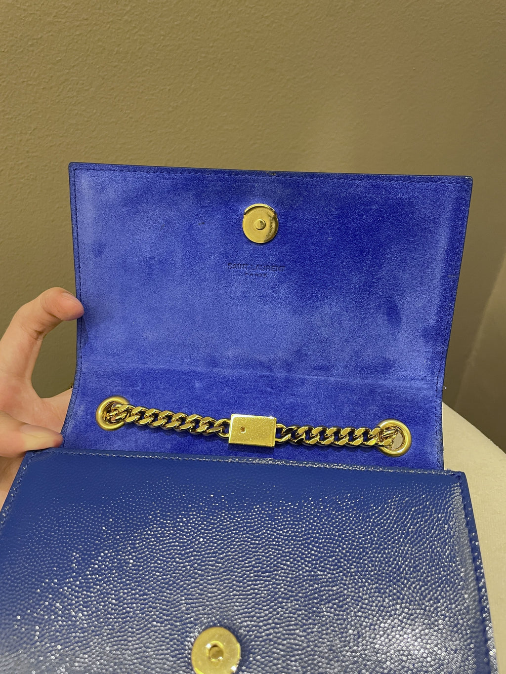 Saint Laurent Kate Mini Chain Flap Bag Blue Grained Caviar