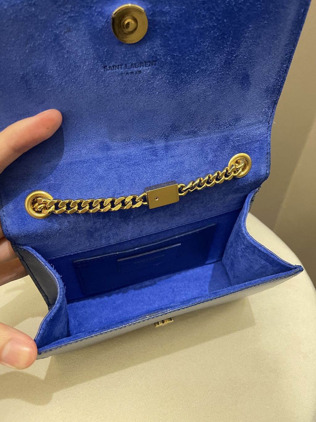 Saint Laurent Kate Mini Chain Flap Bag Blue Grained Caviar