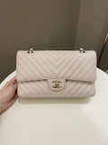 Chanel Classic Chevron Medium Double Flap Ivory Cream Caviar