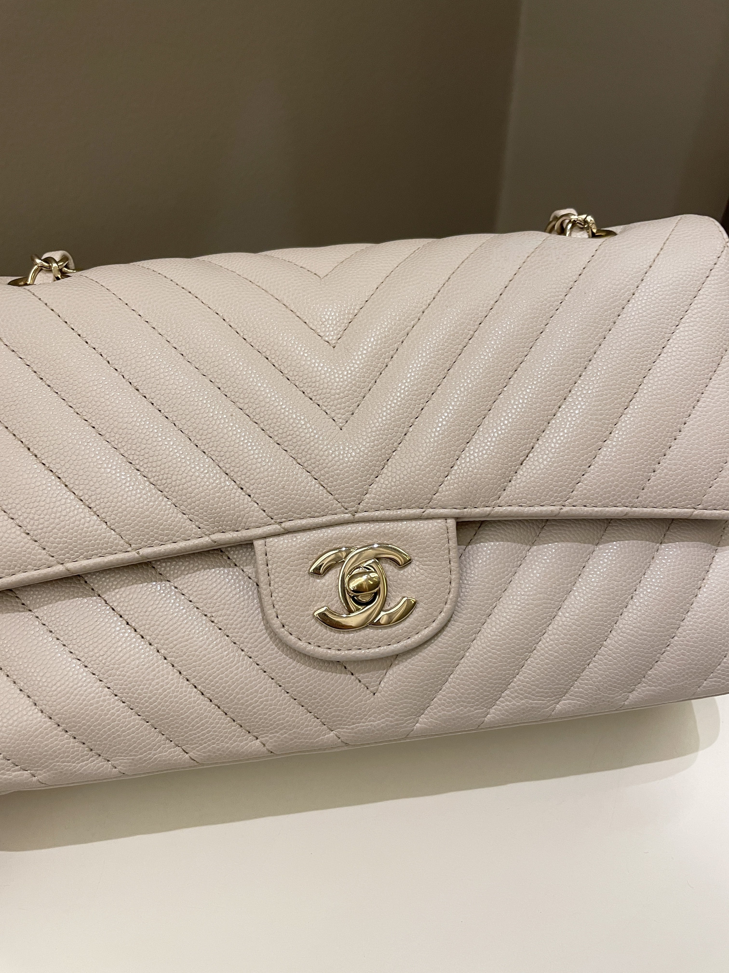 Chanel Classic Chevron Medium Double Flap Ivory Cream Caviar