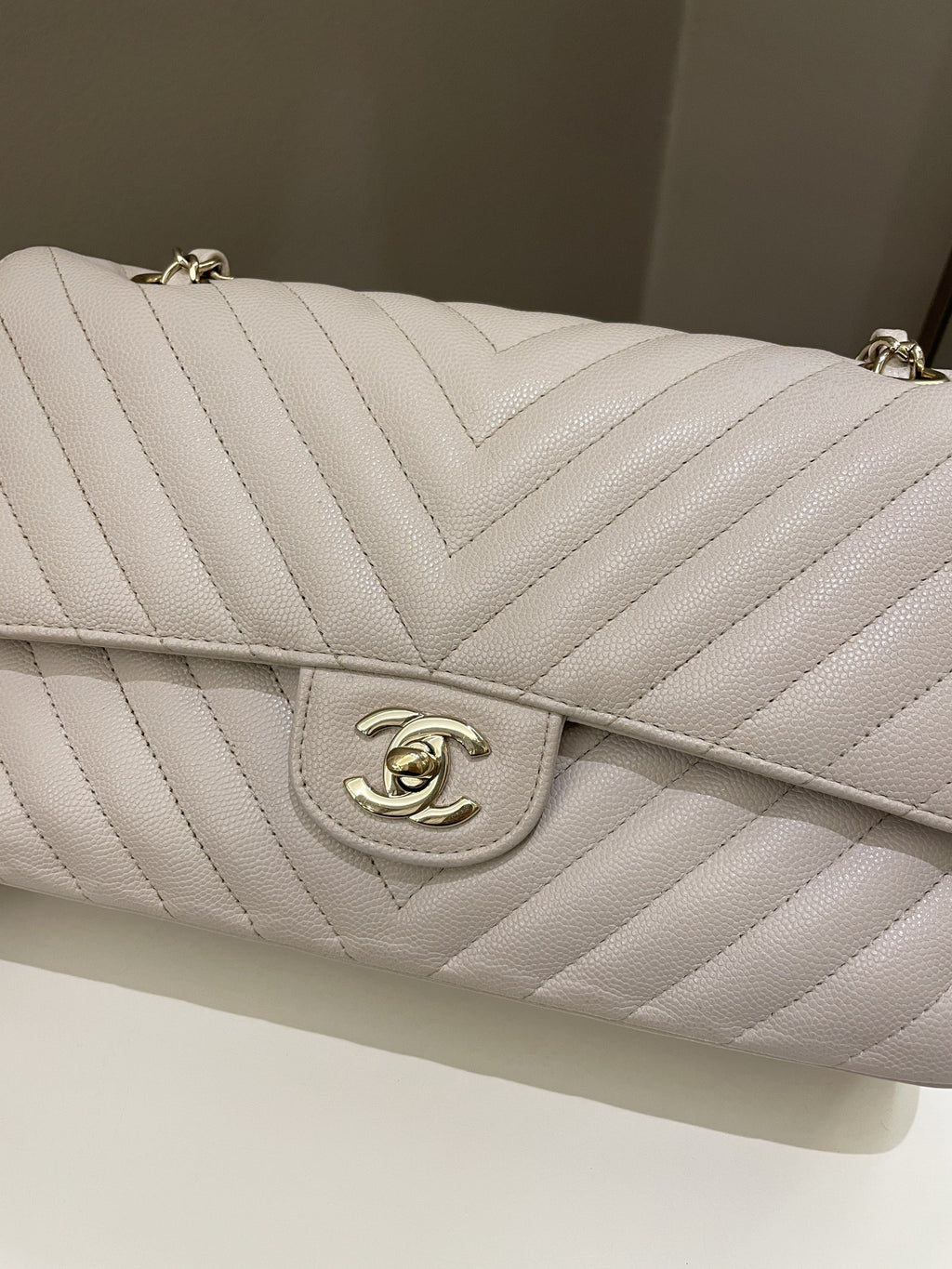 Chanel Classic Chevron Medium Double Flap Ivory Cream Caviar