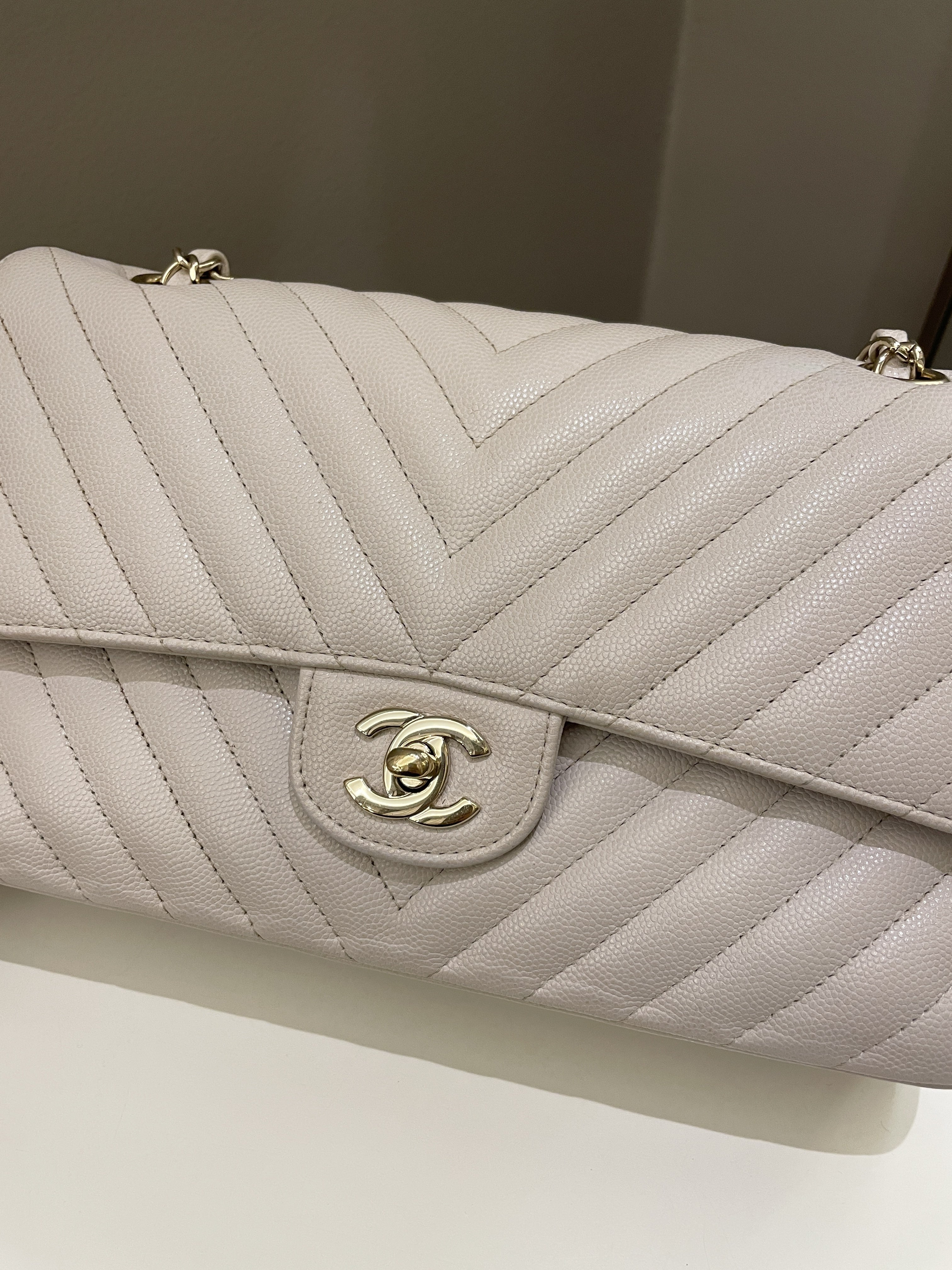 Chanel Classic Chevron Medium Double Flap Ivory Cream Caviar