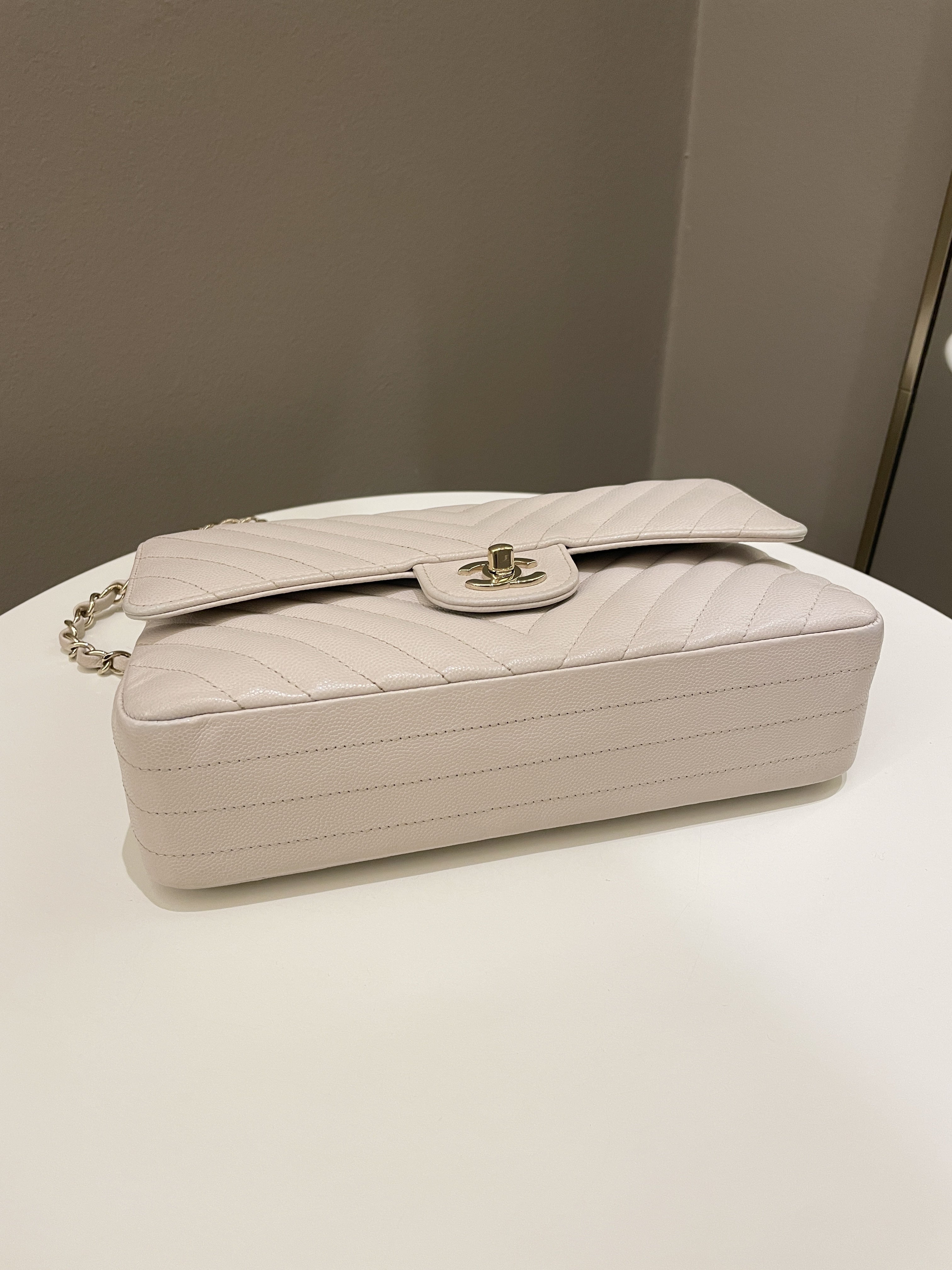 Chanel Classic Chevron Medium Double Flap Ivory Cream Caviar