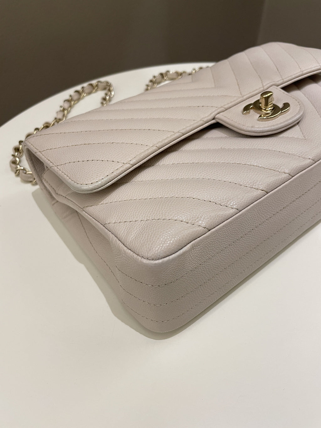 Chanel Classic Chevron Medium Double Flap Ivory Cream Caviar