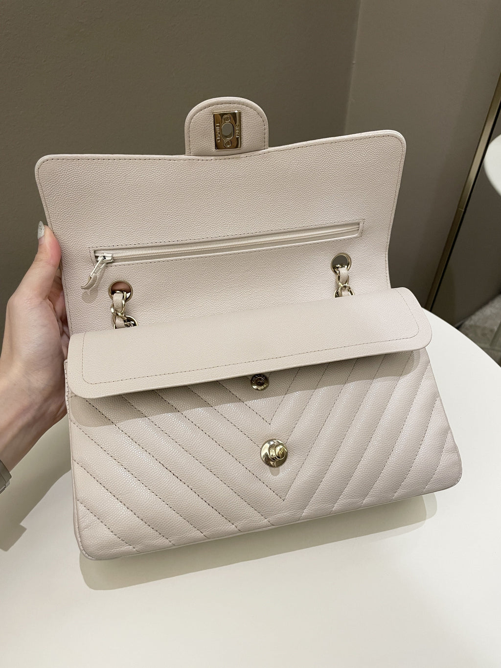 Chanel Classic Chevron Medium Double Flap Ivory Cream Caviar