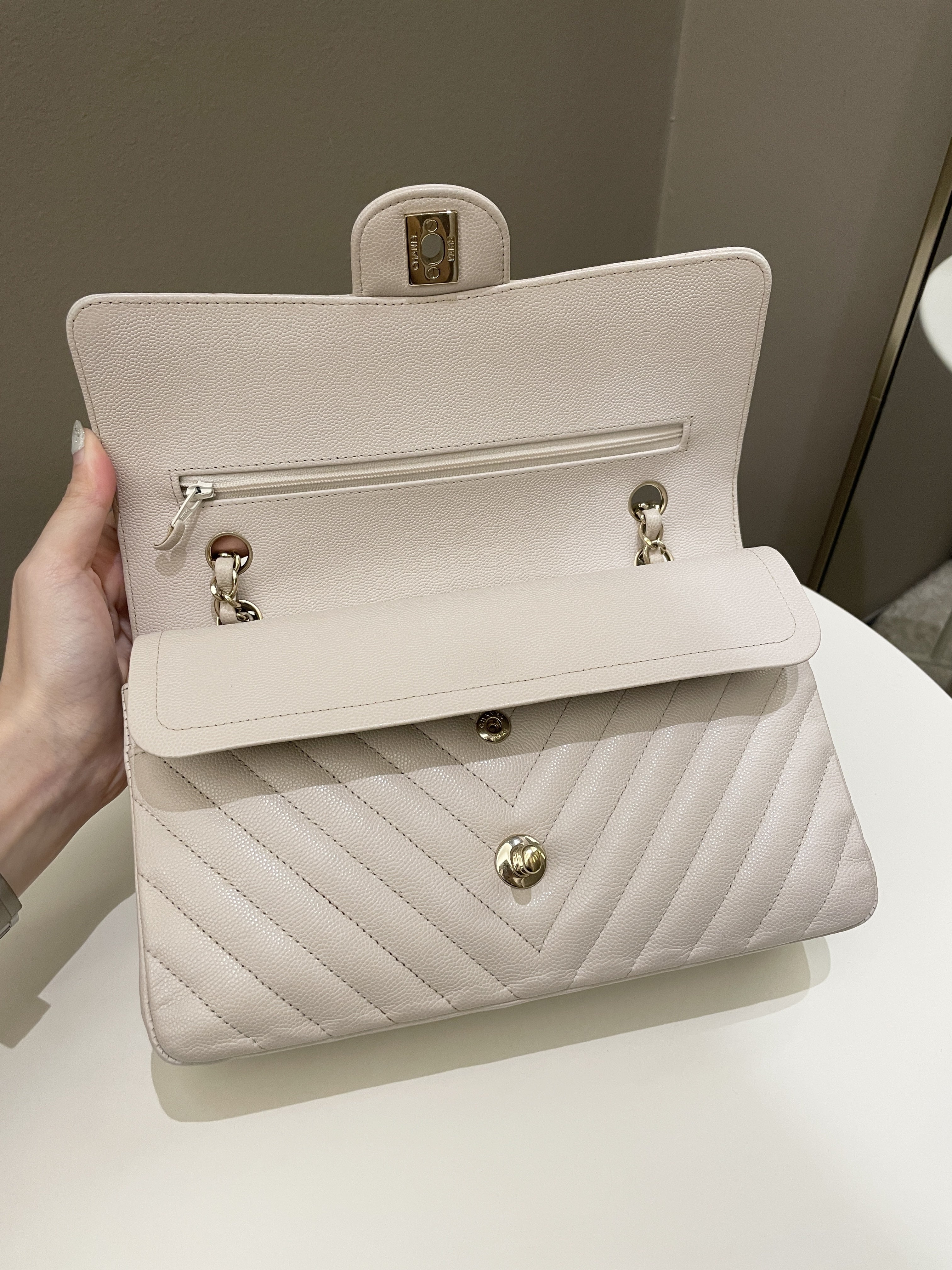 Chanel Classic Chevron Medium Double Flap Ivory Cream Caviar