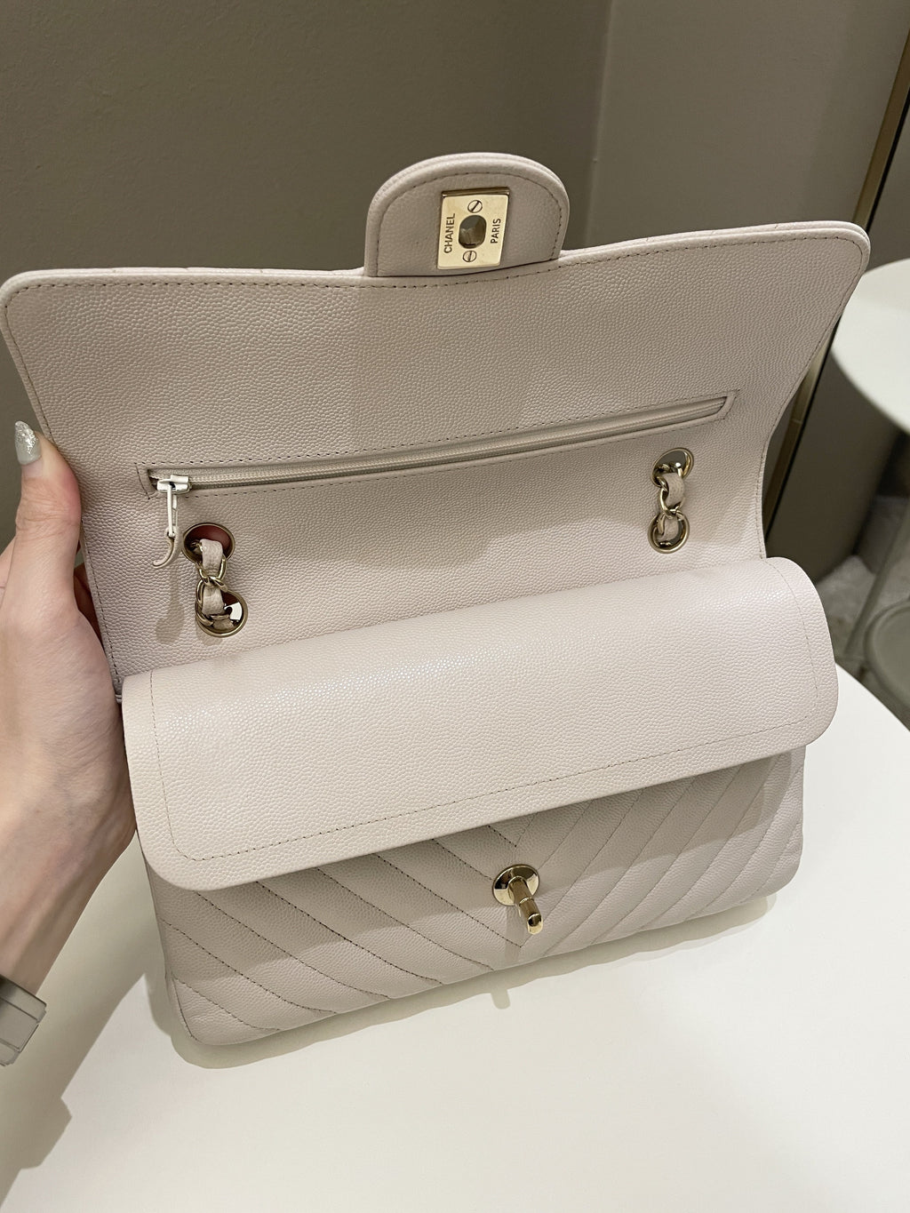 Chanel Classic Chevron Medium Double Flap Ivory Cream Caviar