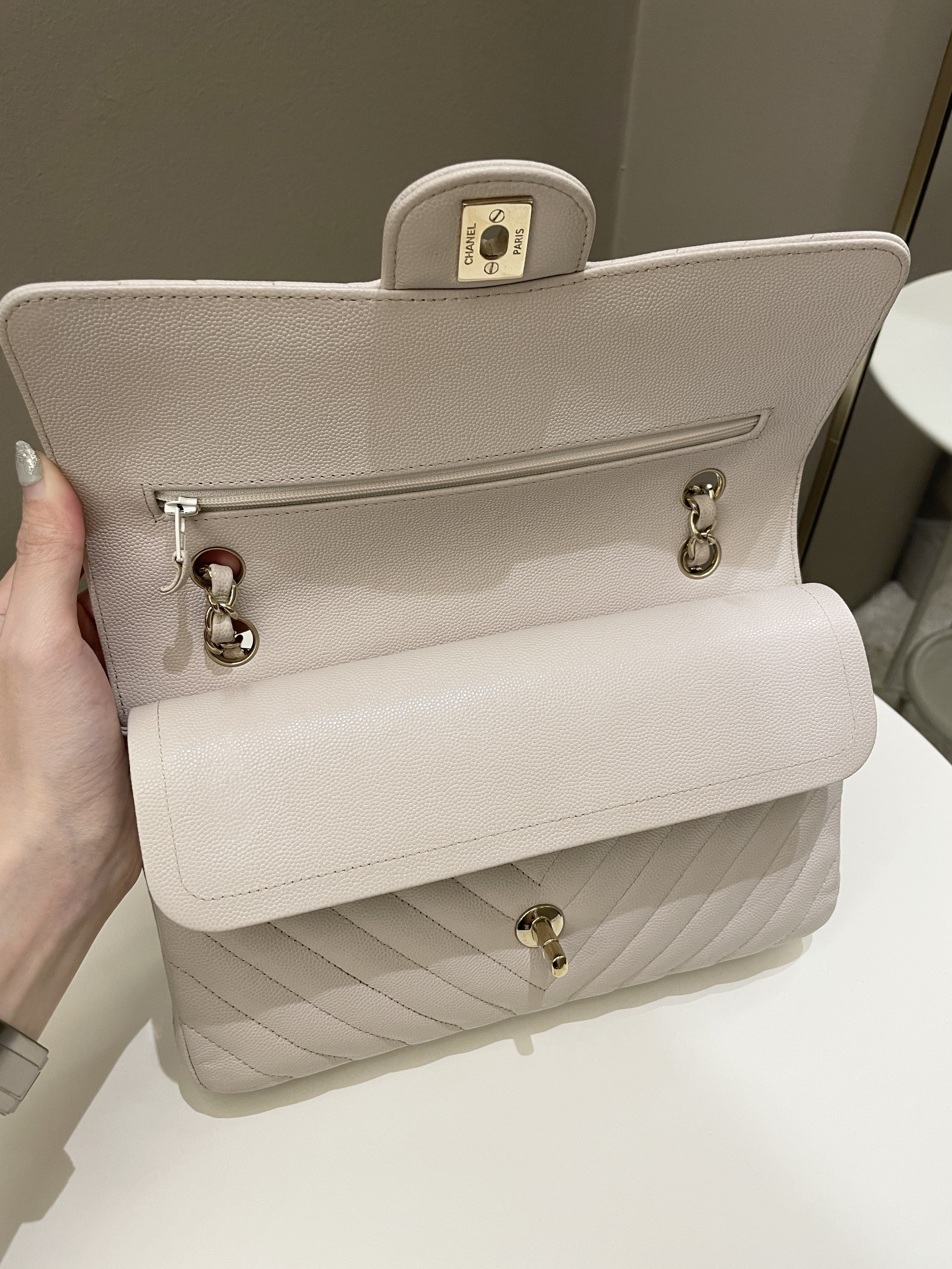 Chanel Classic Chevron Medium Double Flap Ivory Cream Caviar