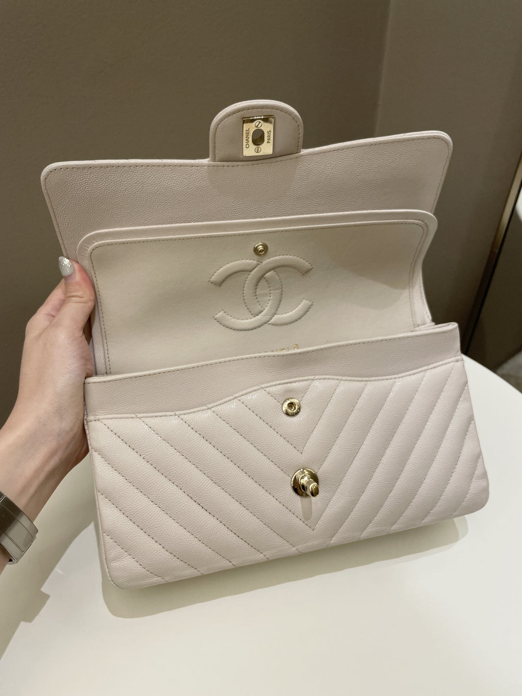 Chanel Classic Chevron Medium Double Flap Ivory Cream Caviar