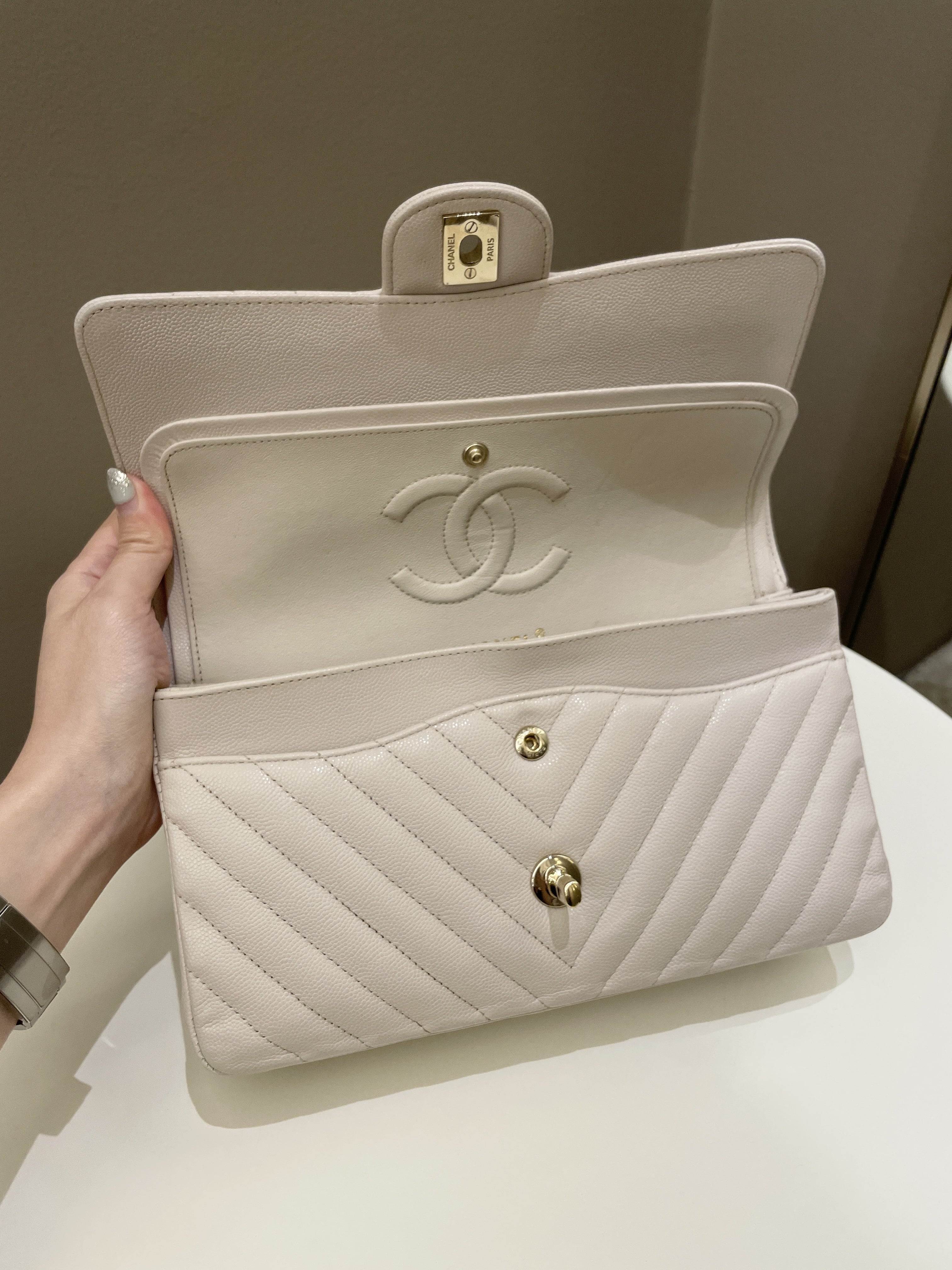 Chanel Classic Chevron Medium Double Flap Ivory Cream Caviar