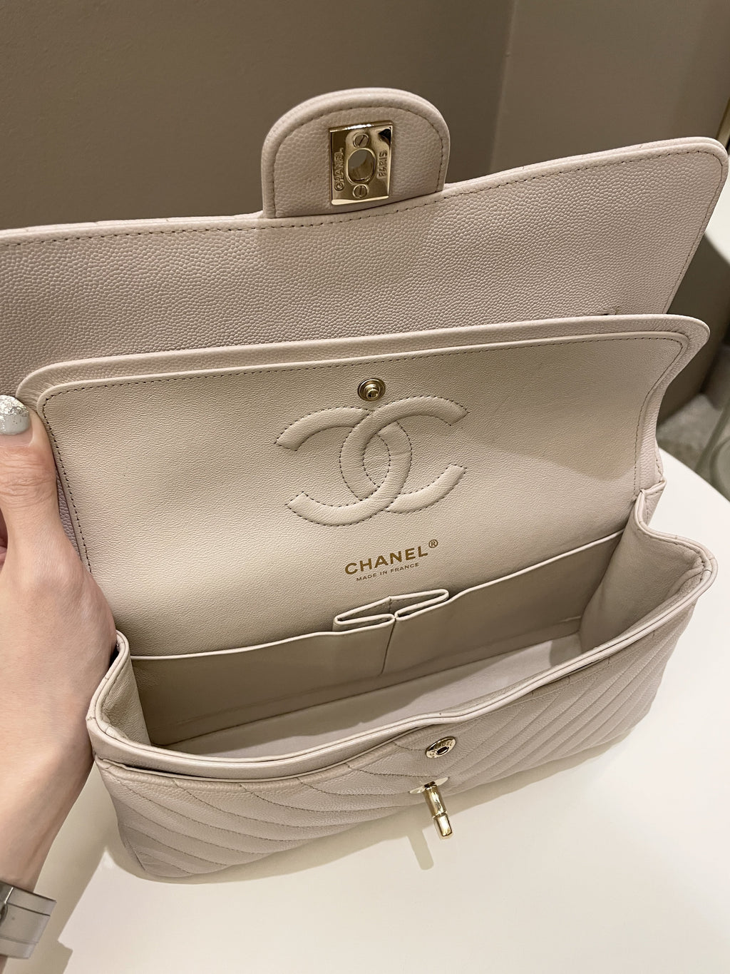 Chanel Classic Chevron Medium Double Flap Ivory Cream Caviar