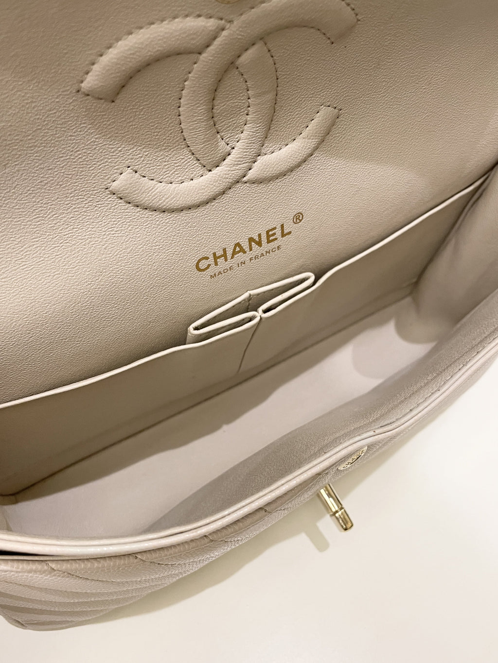 Chanel Classic Chevron Medium Double Flap Ivory Cream Caviar