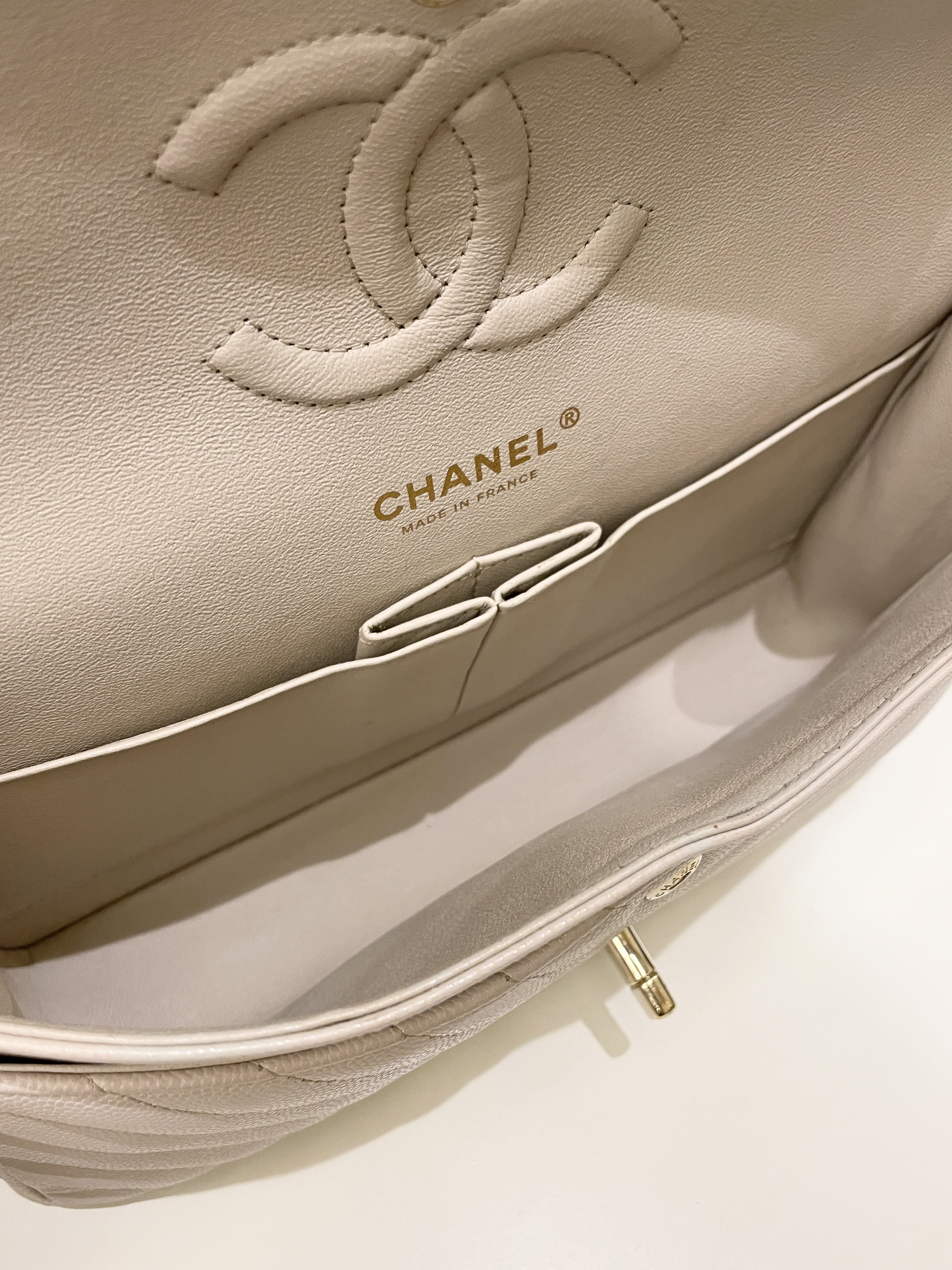 Chanel Classic Chevron Medium Double Flap Ivory Cream Caviar