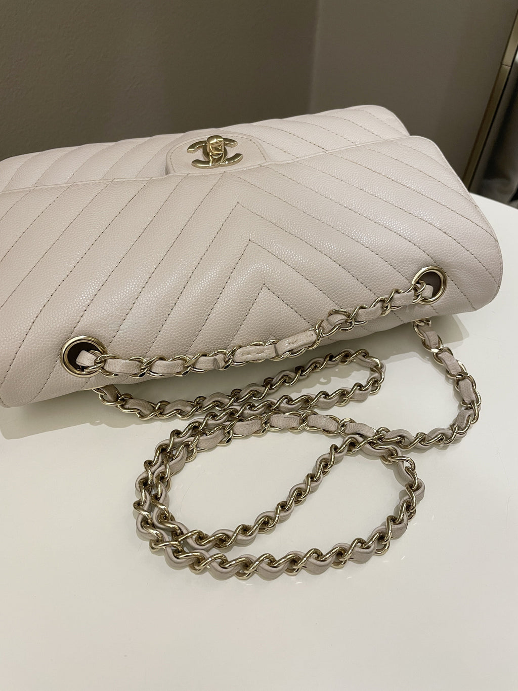 Chanel Classic Chevron Medium Double Flap Ivory Cream Caviar