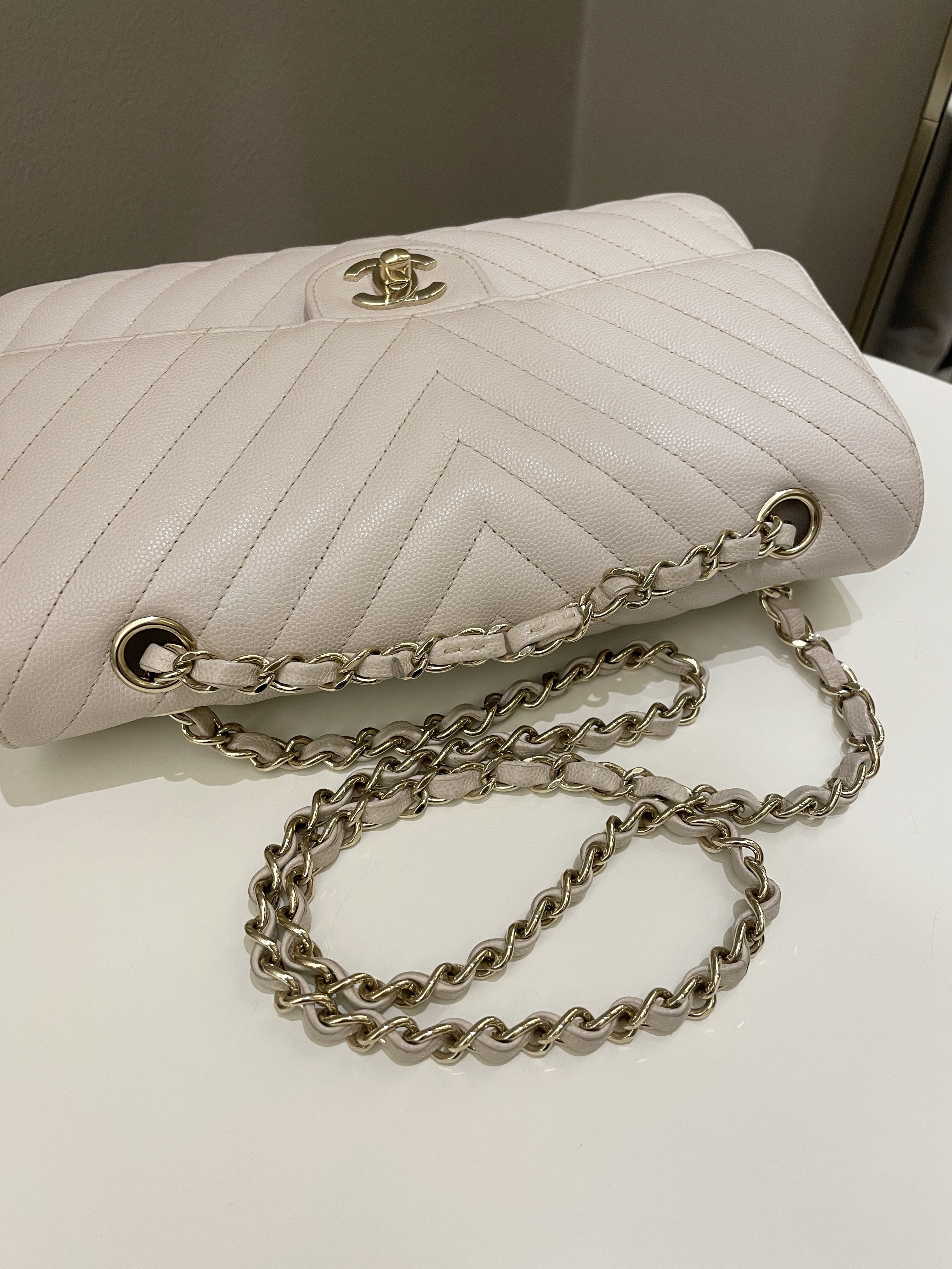 Chanel Classic Chevron Medium Double Flap Ivory Cream Caviar