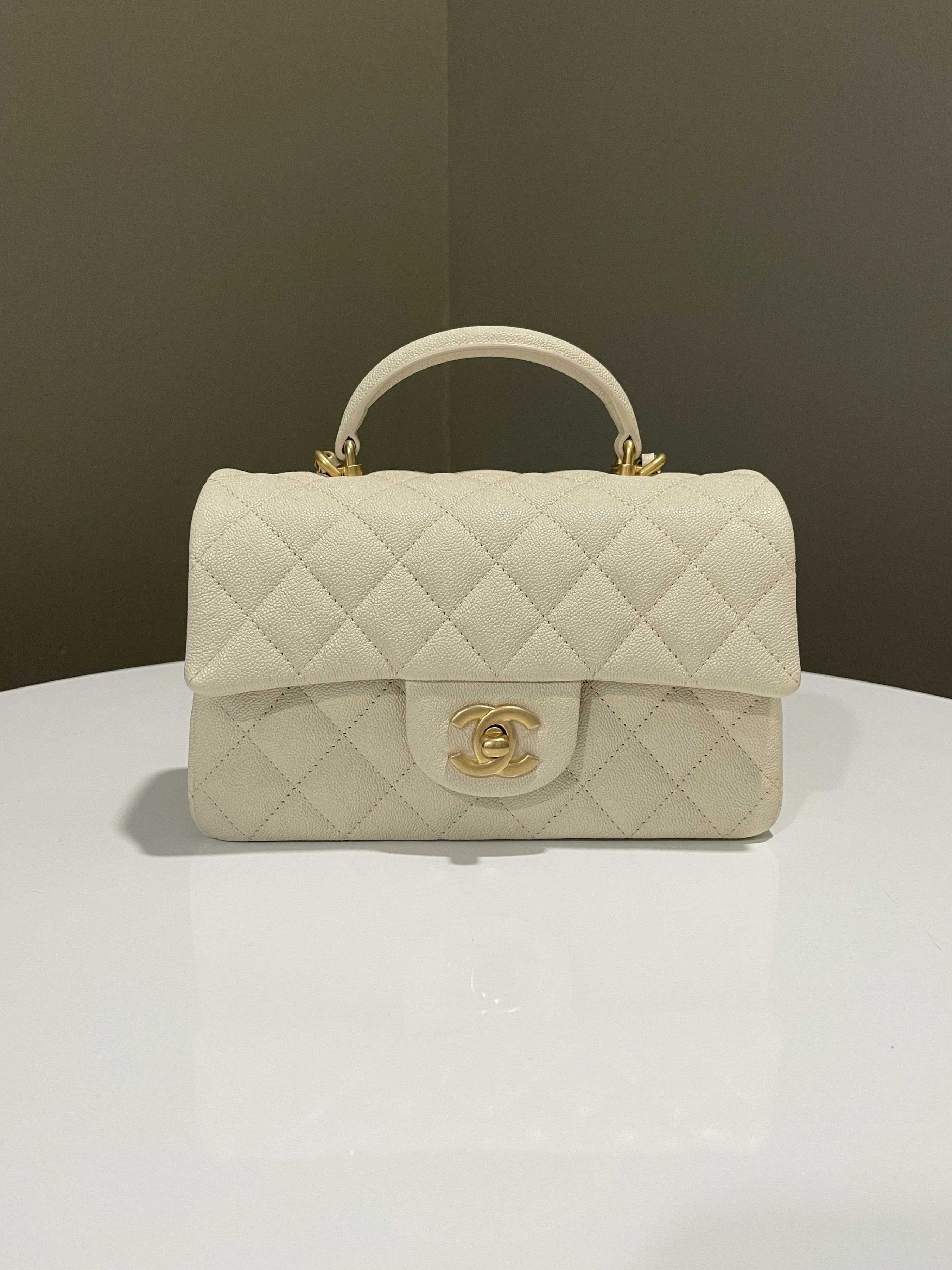 Chanel Quilted Top Handle Mini Rectangular Beige Caviar
