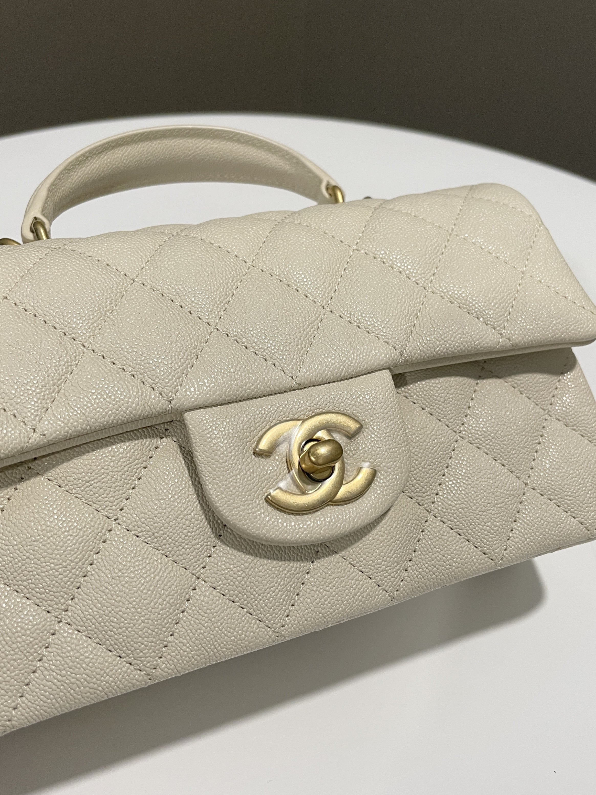Chanel Quilted Top Handle Mini Rectangular Beige Caviar