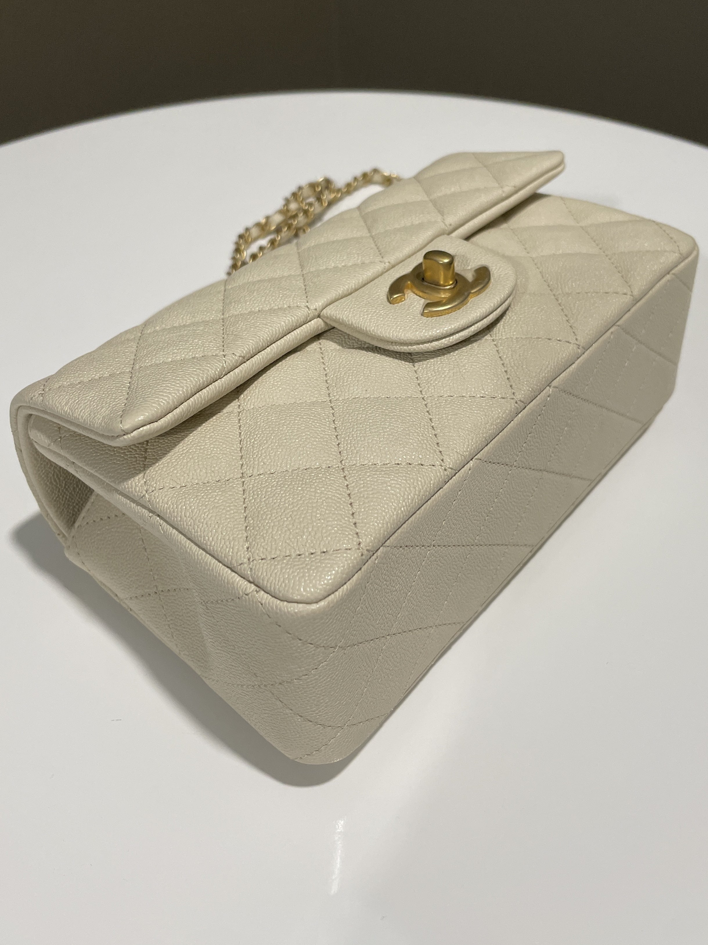 Chanel Quilted Top Handle Mini Rectangular Beige Caviar