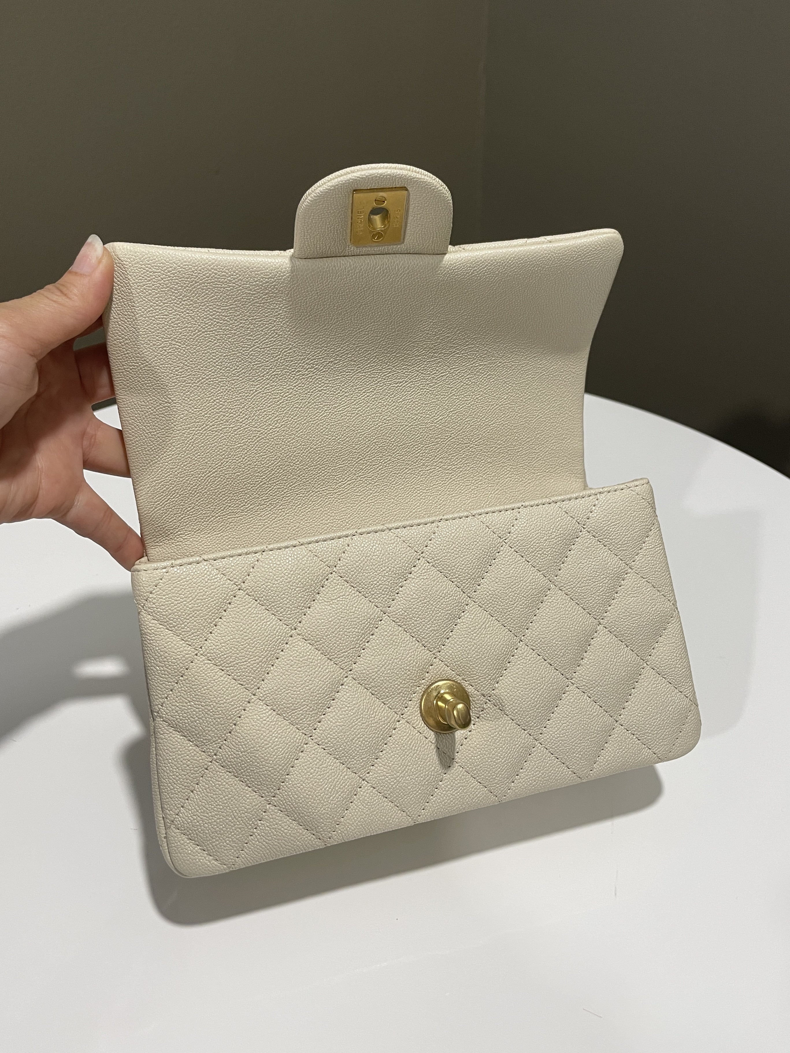 Chanel Quilted Top Handle Mini Rectangular Beige Caviar