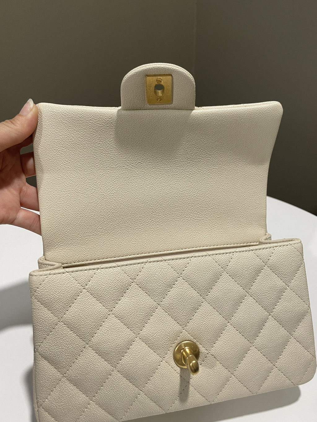 Chanel Quilted Top Handle Mini Rectangular Beige Caviar