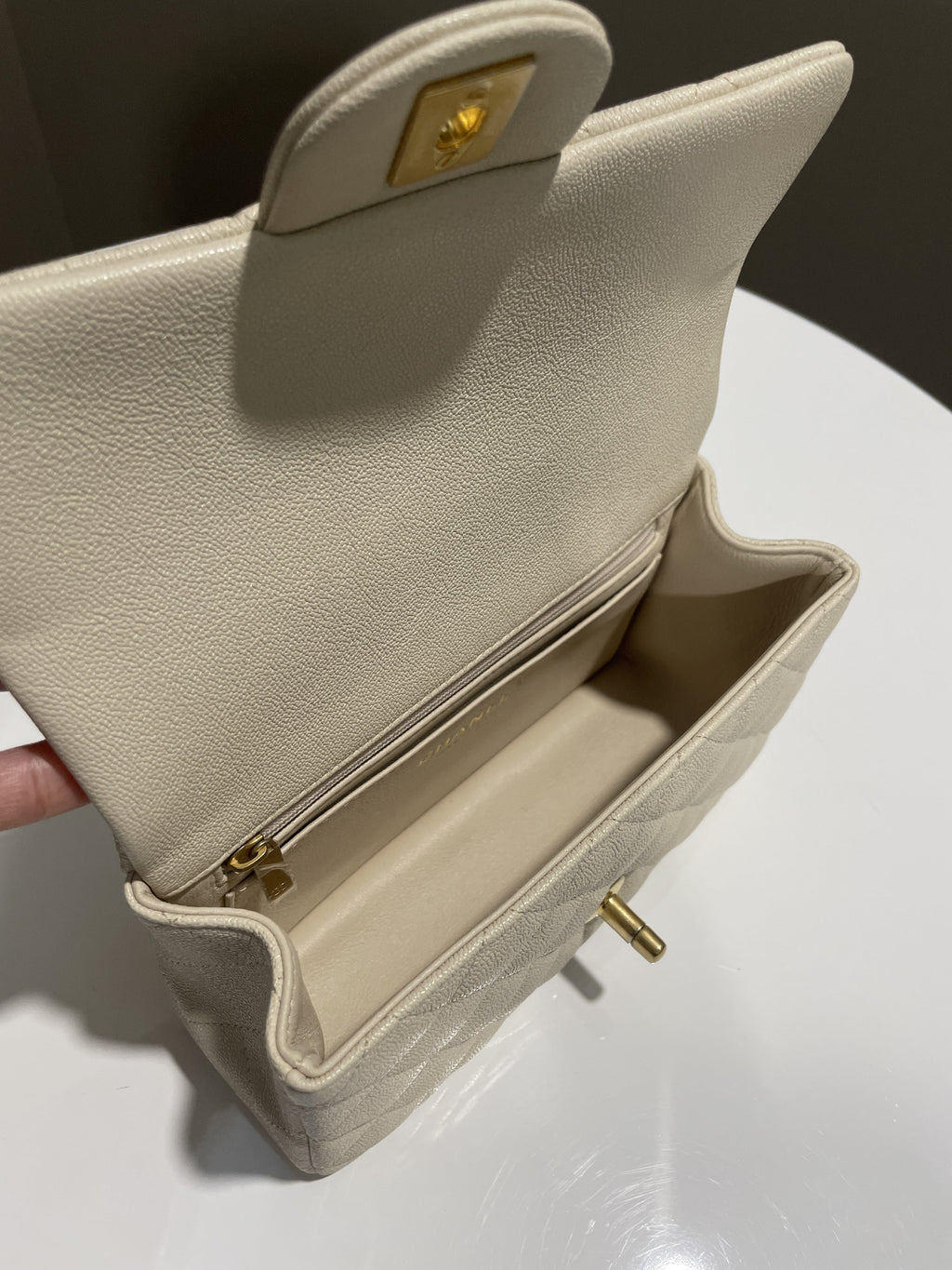 Chanel Quilted Top Handle Mini Rectangular Beige Caviar
