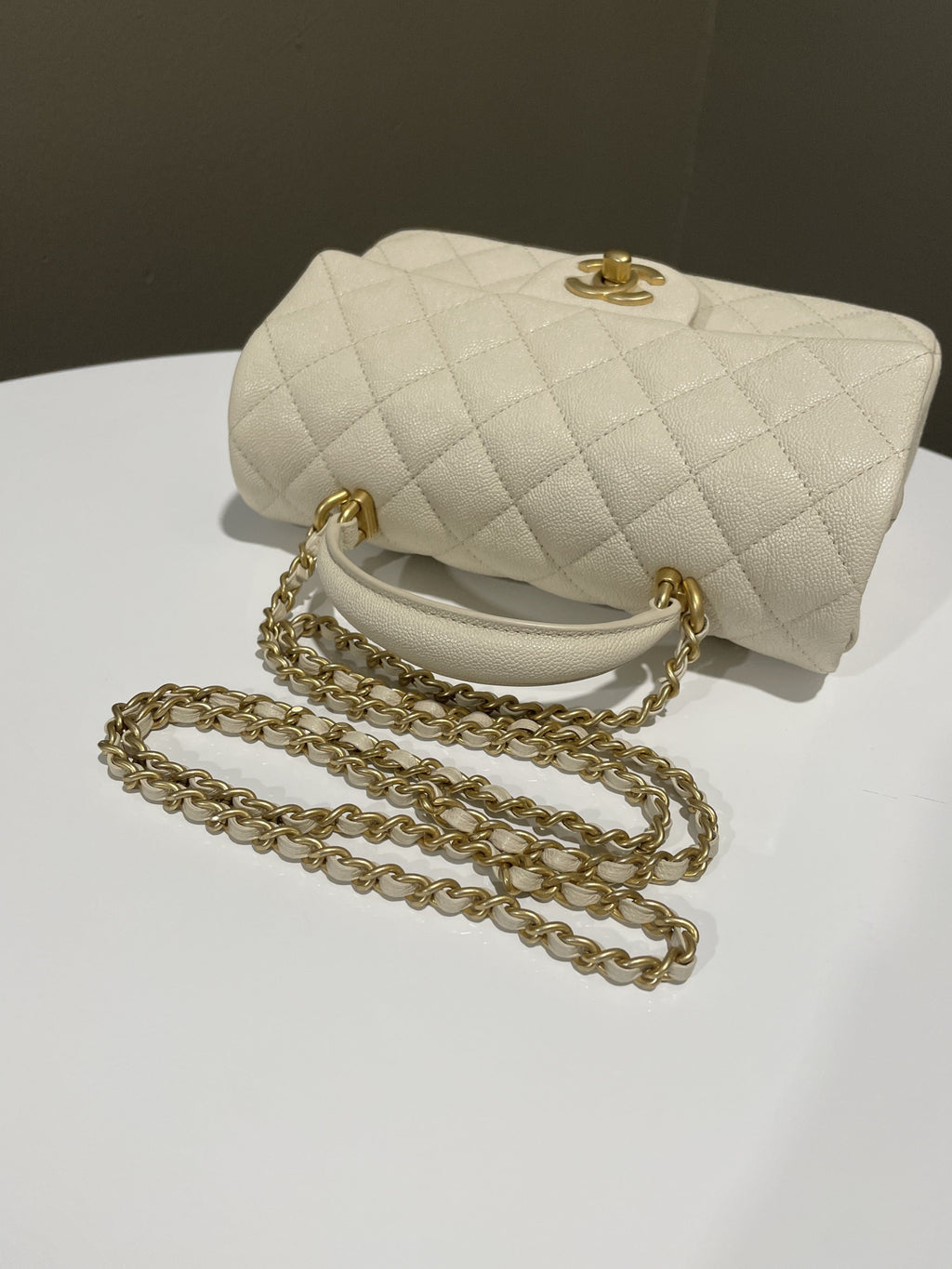 Chanel Quilted Top Handle Mini Rectangular Beige Caviar