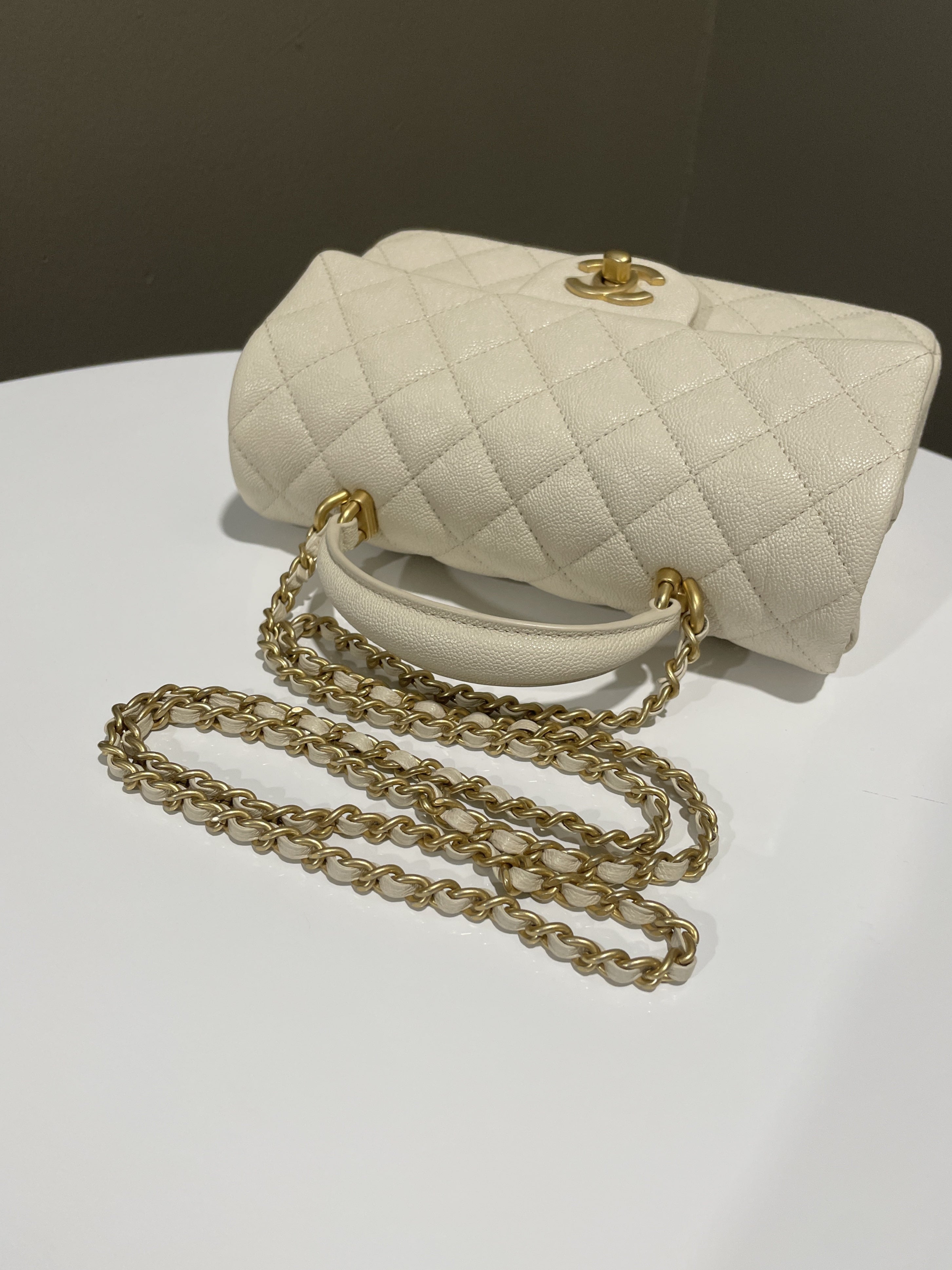 Chanel Quilted Top Handle Mini Rectangular Beige Caviar