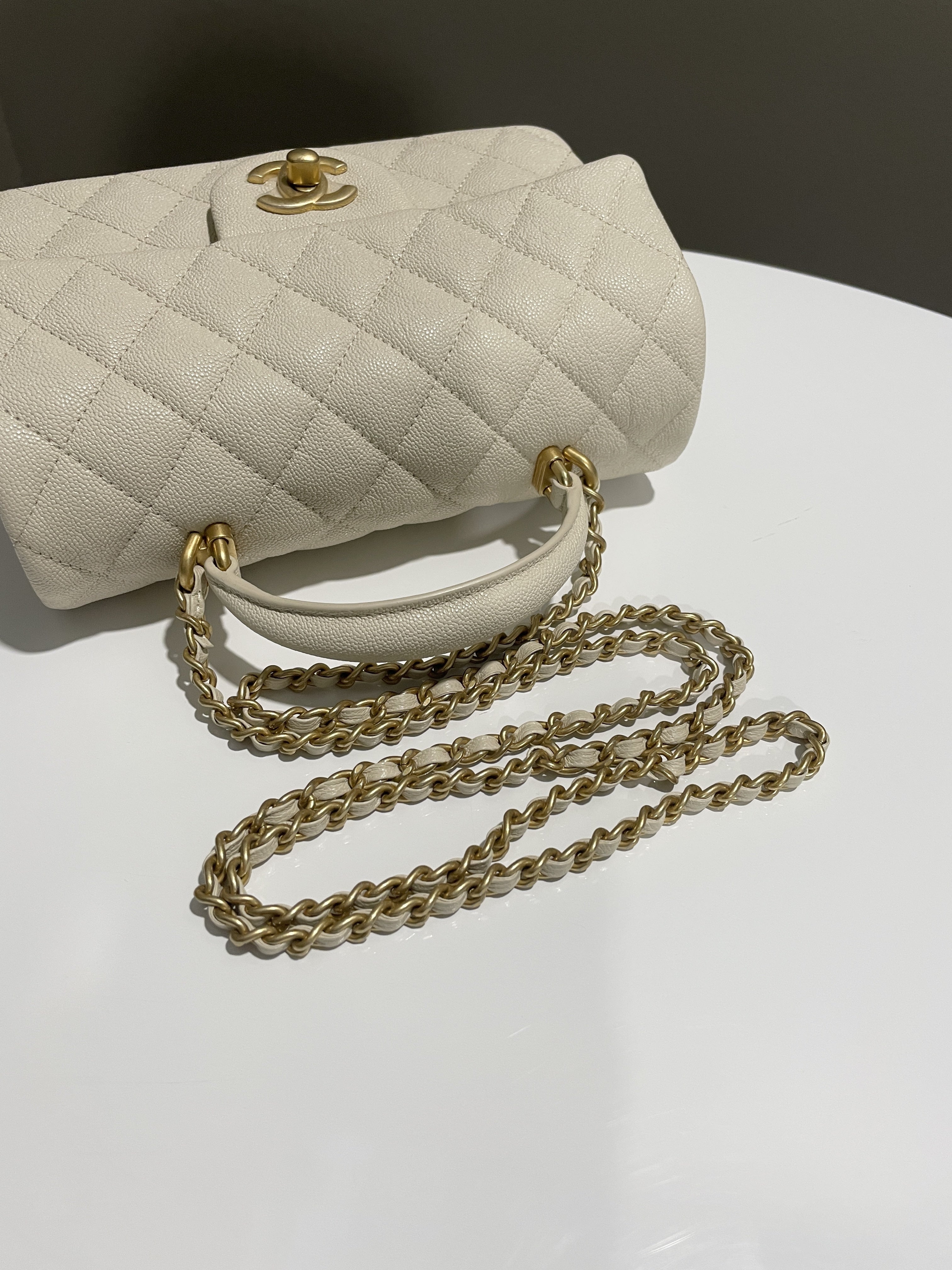 Chanel Quilted Top Handle Mini Rectangular Beige Caviar