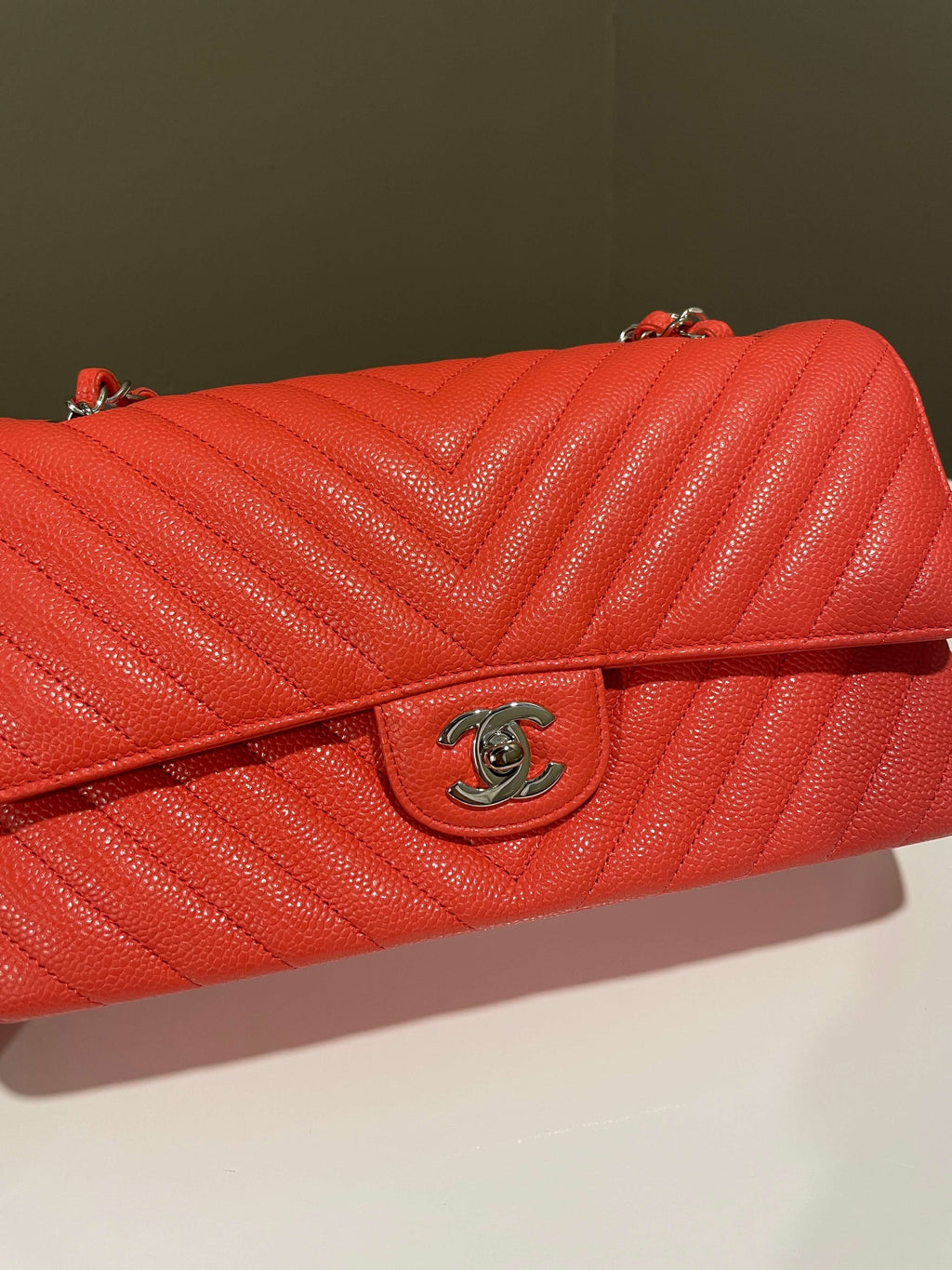 Chanel Classic Chevron Medium Double Flap Coral Caviar