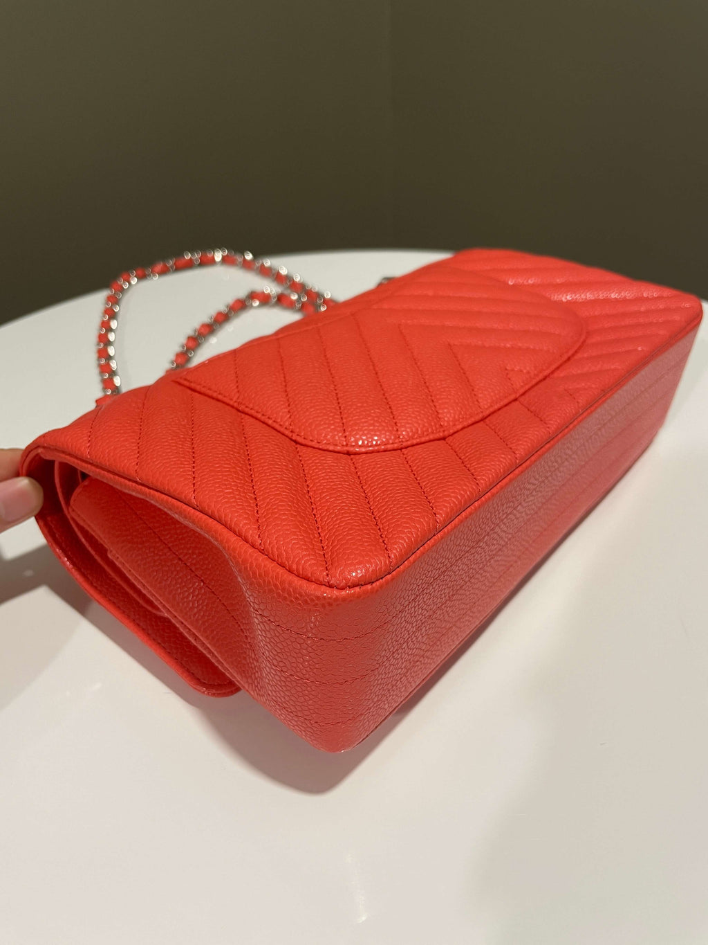 Chanel Classic Chevron Medium Double Flap Coral Caviar
