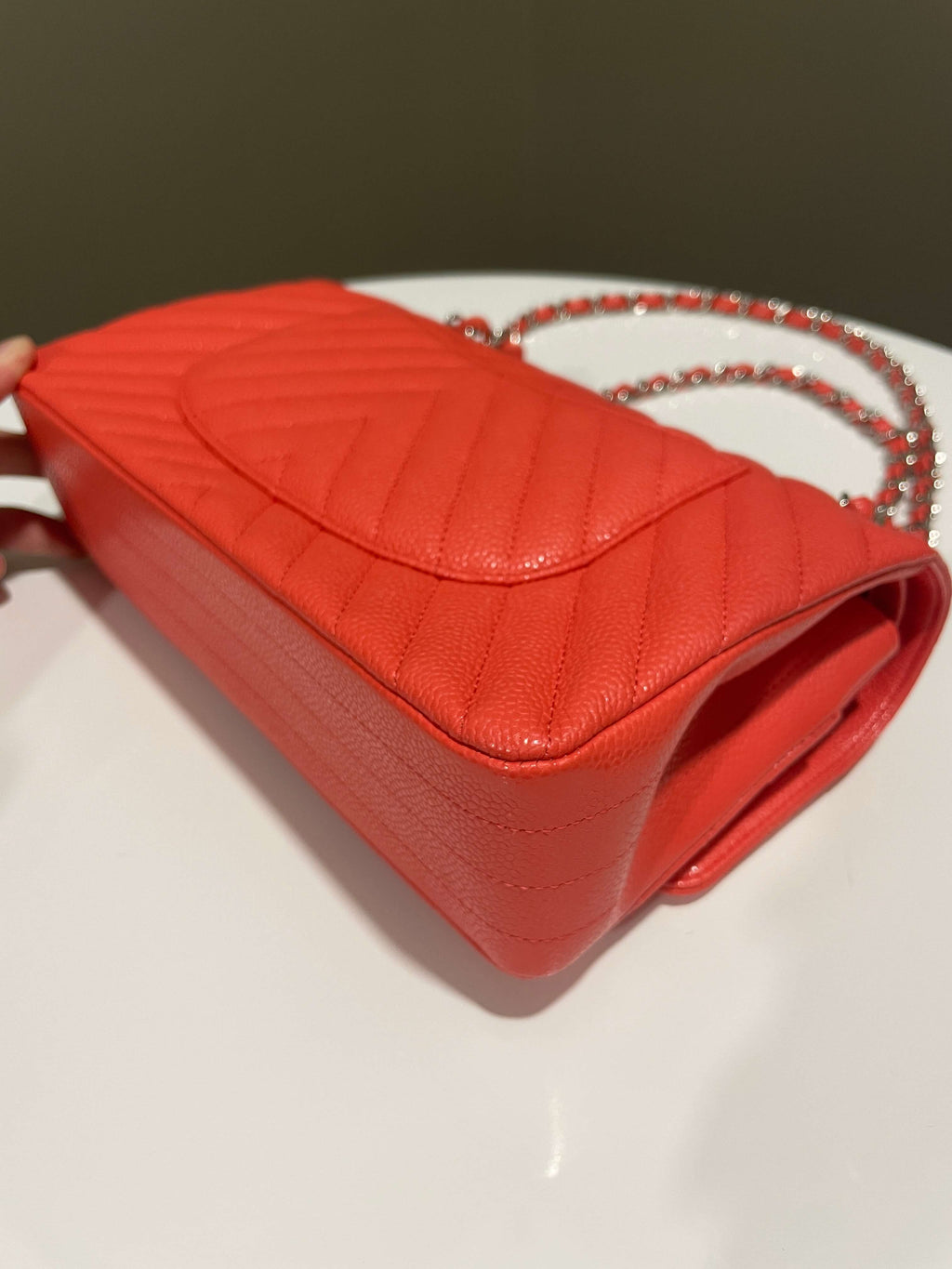 Chanel Classic Chevron Medium Double Flap Coral Caviar