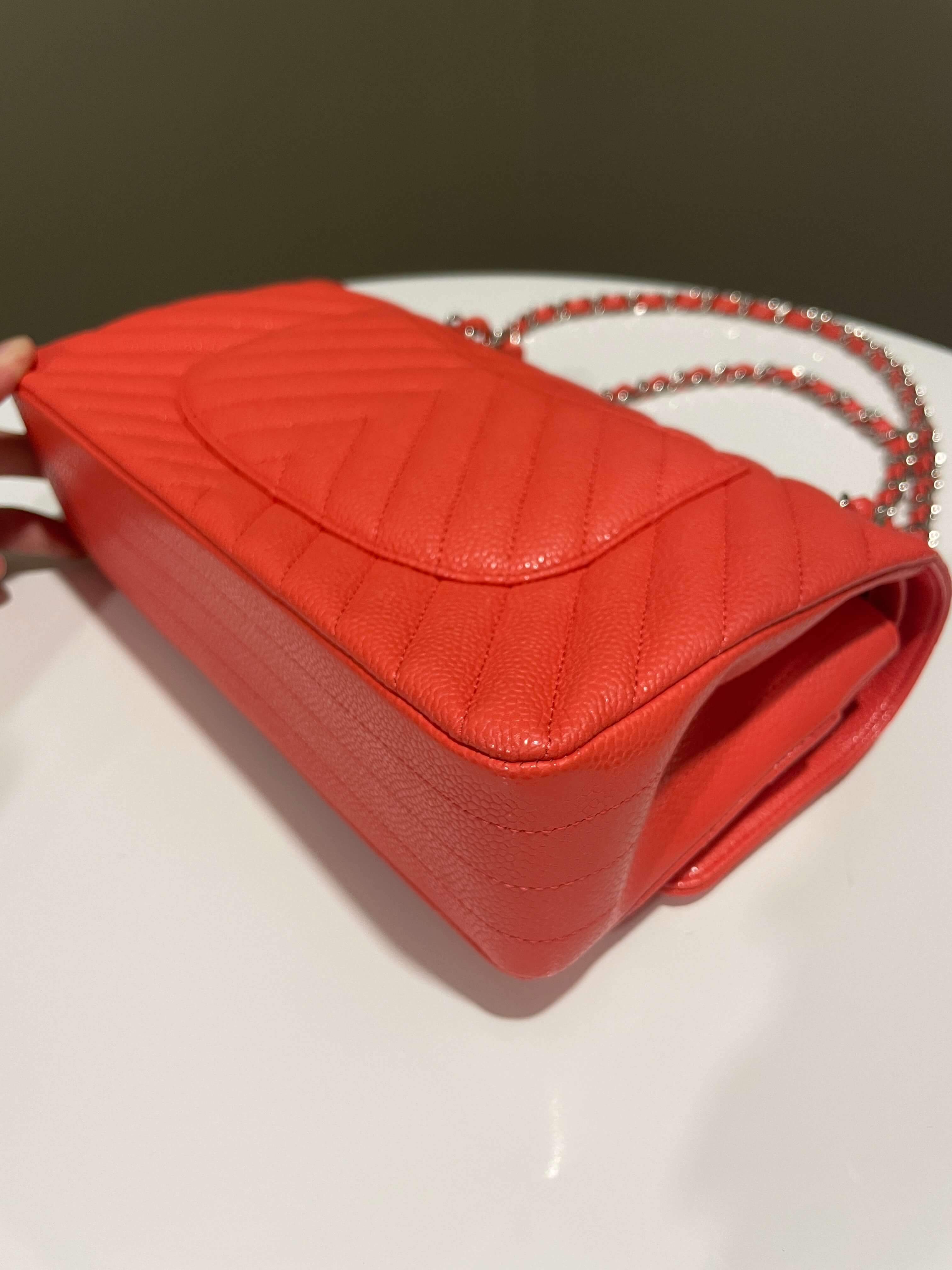 Chanel Classic Chevron Medium Double Flap Coral Caviar